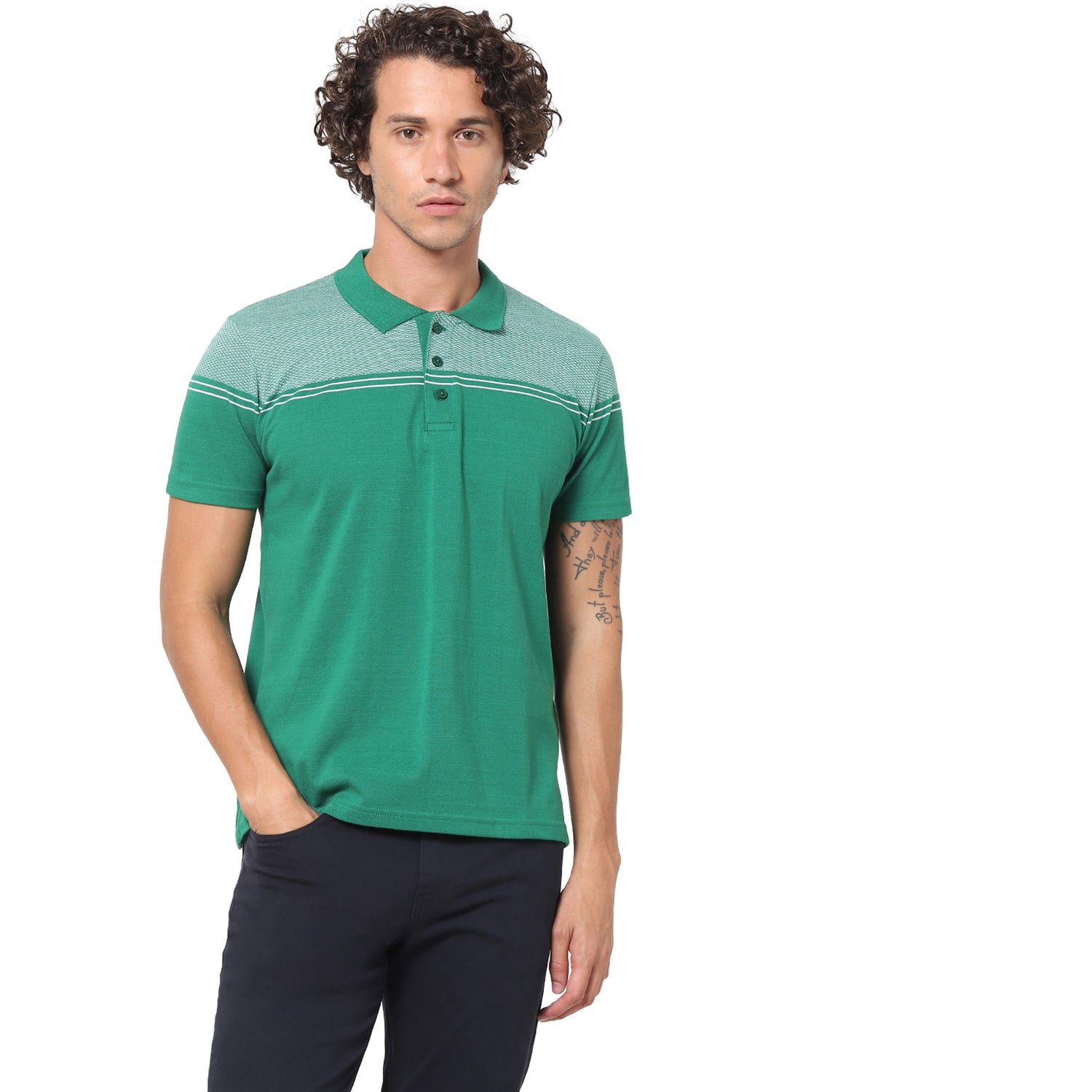 Green and White Colourblocked Polo Collar T-shirt (TEJACQ)