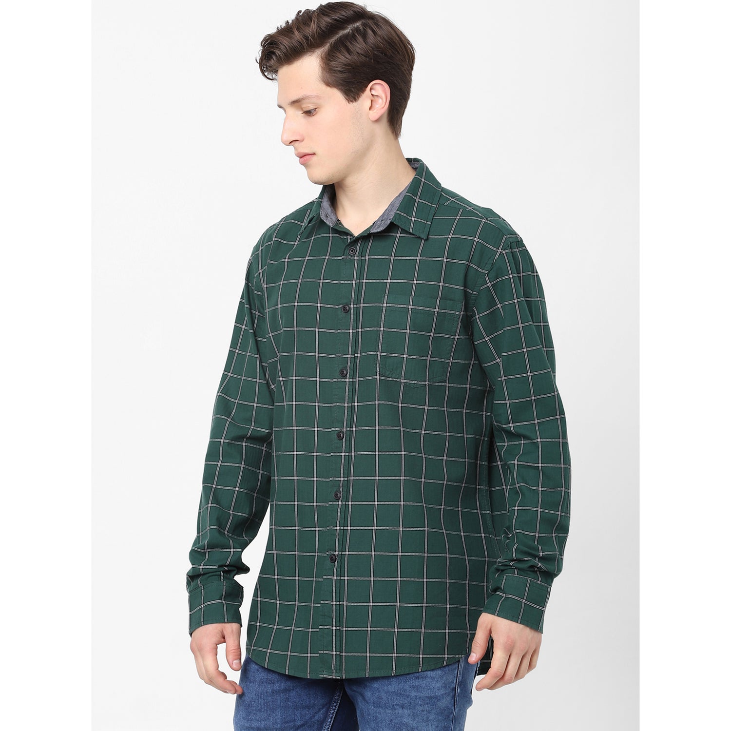 Green and White Slim Fit Checked Cotton Casual Shirt (VACHECK1)