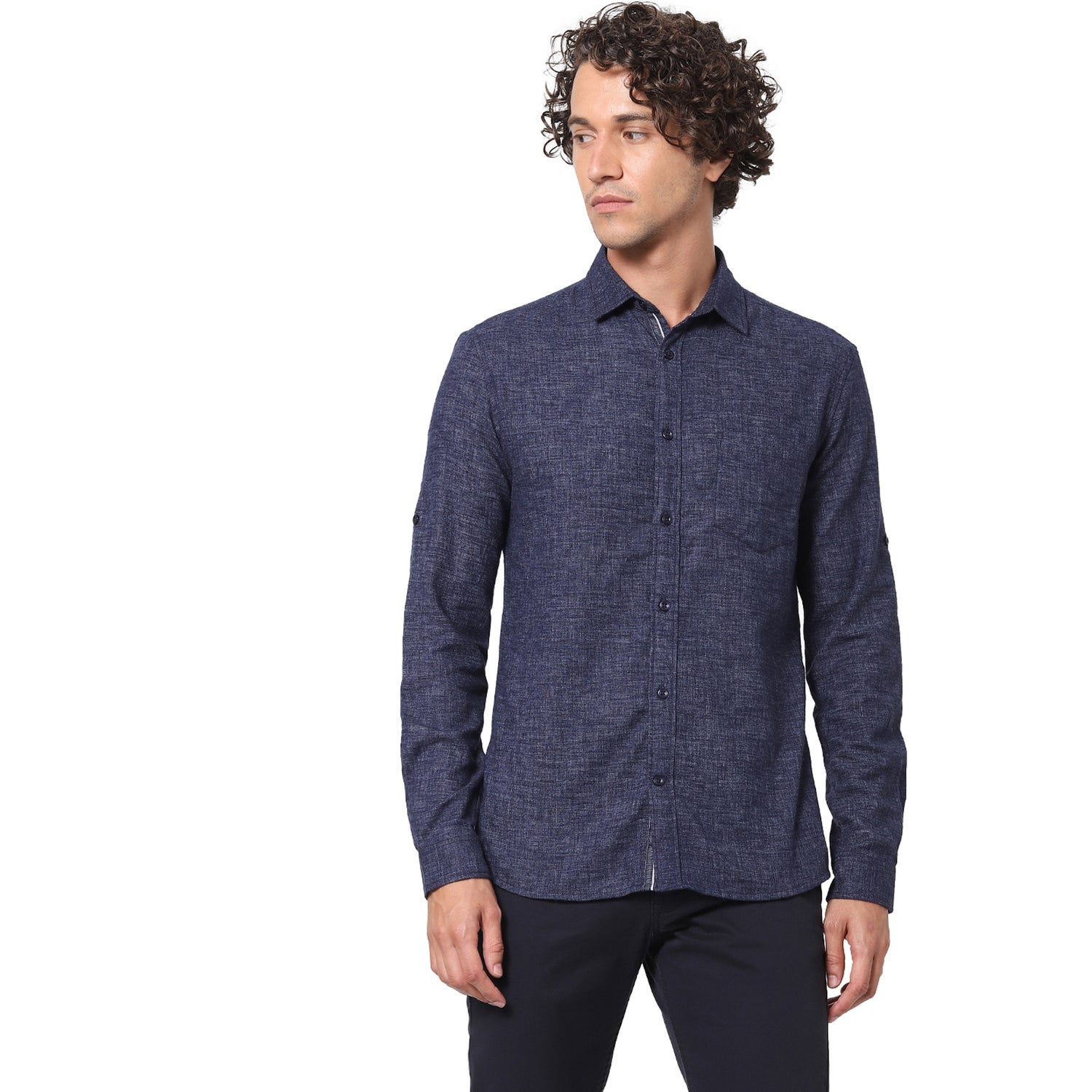 Navy Blue Slim Fit Self Design Denim Casual Shirt (VADENIM)