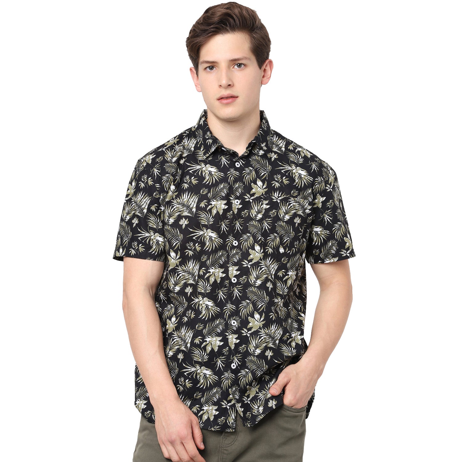 Olive Green and Black Slim Fit Printed Cotton Casual Shirt (VAPALM1)