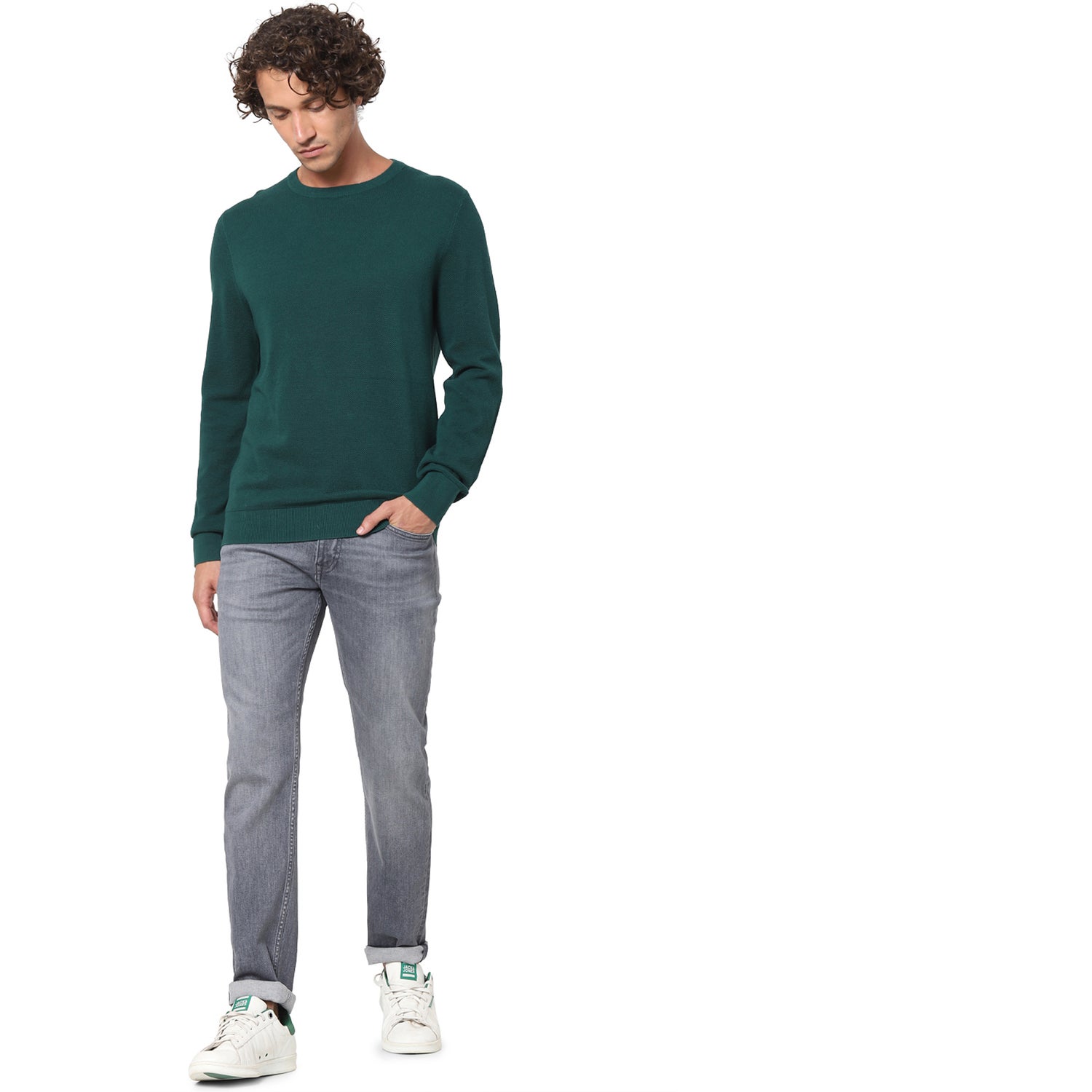 Blue Solid Straight Fit Cotton Sweater (VEPICIN)