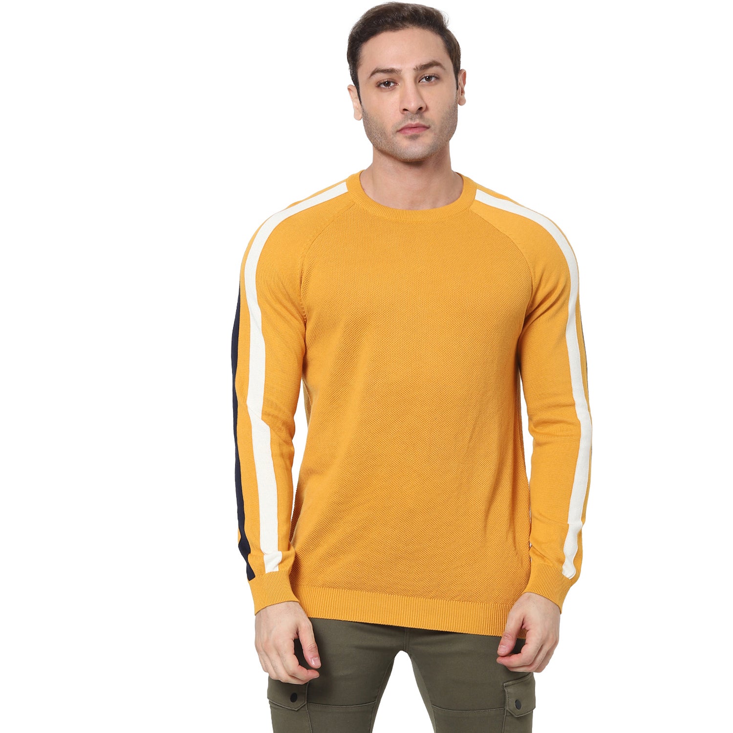 Mustard Straight Fit Colourblocked Cotton Sweater (VESPORTY)