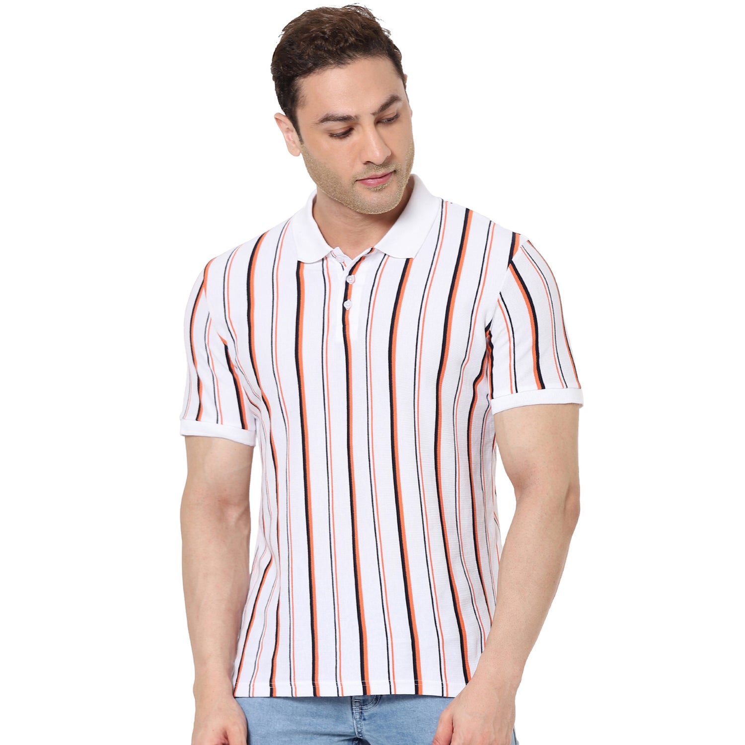 White and Peach Coloured Vertical Striped Polo Collar Cotton Pure Cotton T-shirt (VEVERTIGO)