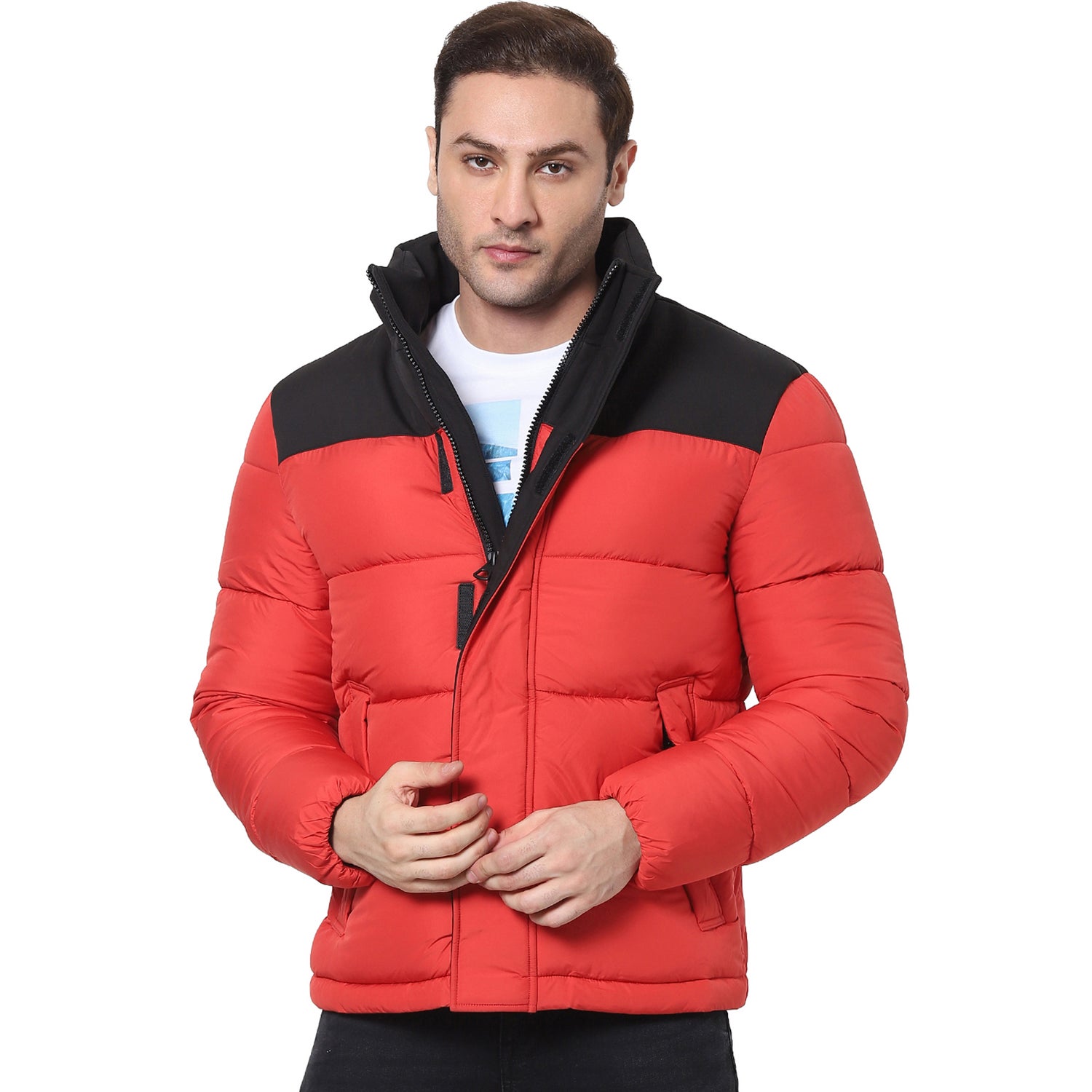 Red and Black Colourblocked Puffer Jacket (VUELECTRA)
