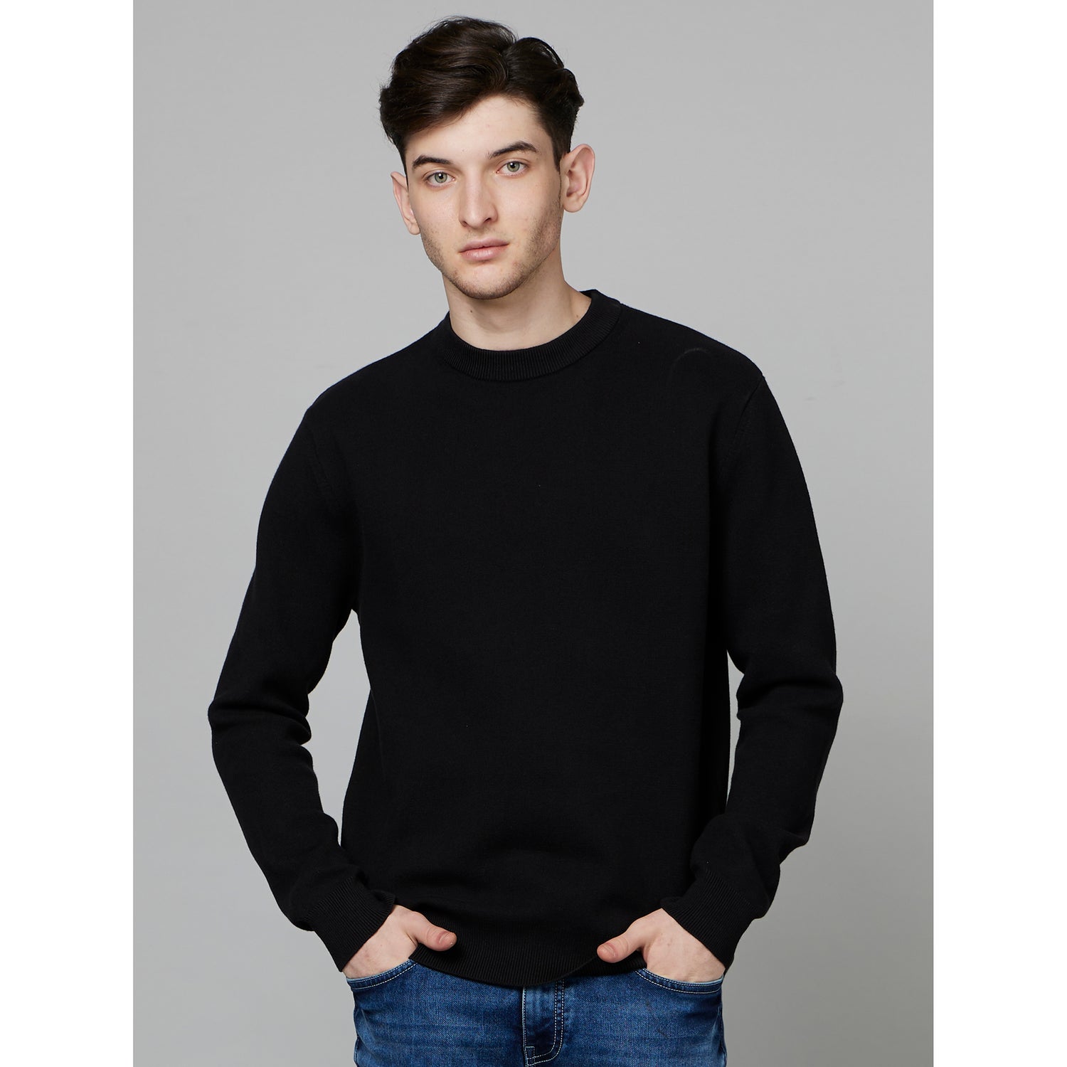 Black Round Neck Full Sleeves Cotton Pullover Sweater (BECLO)