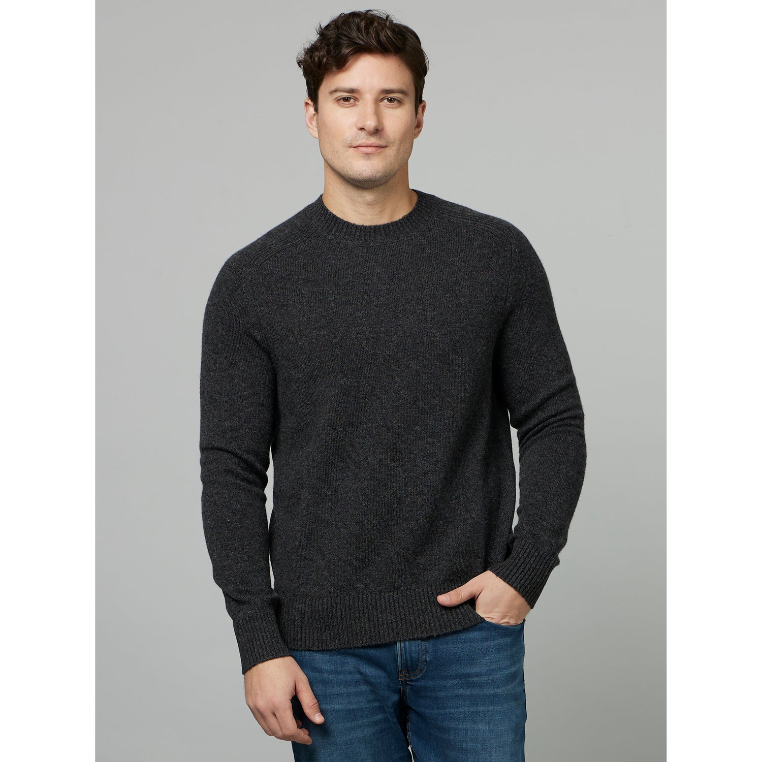 Charcoal Round Neck Long Sleeves Woollen Pullover Sweater (CEWOOL)