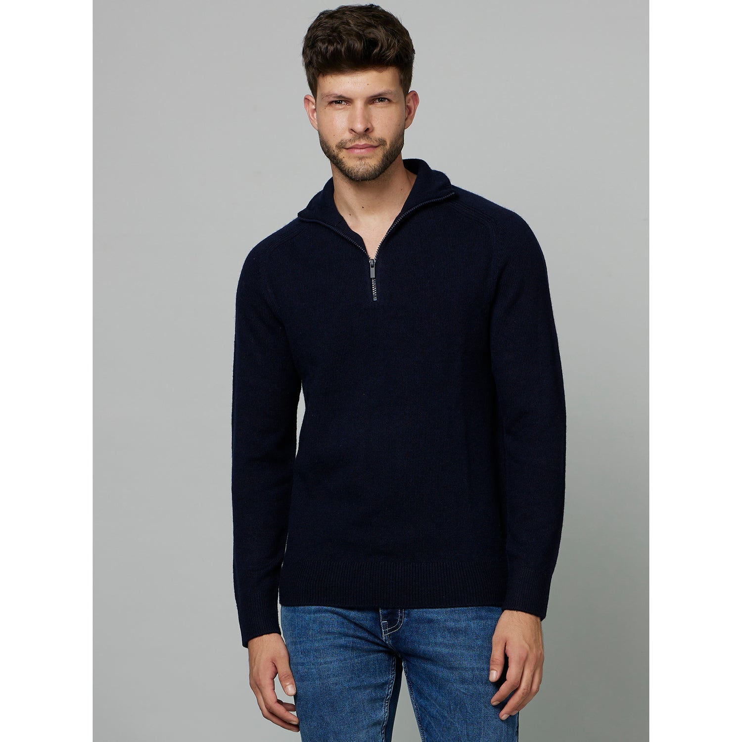Navy Blue Mock Colar Cotton Pullover Sweater (CEWOOLCAM)