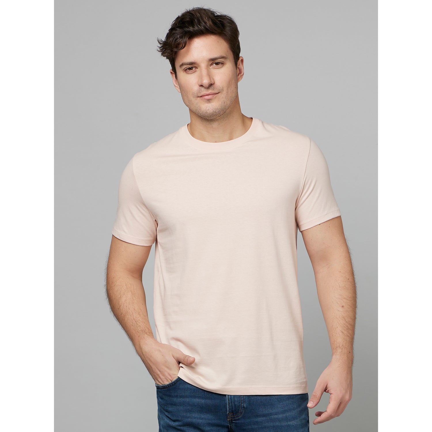 Dusty Pink Round Neck Regular Fit Cotton T-shirt (TEBASE1)