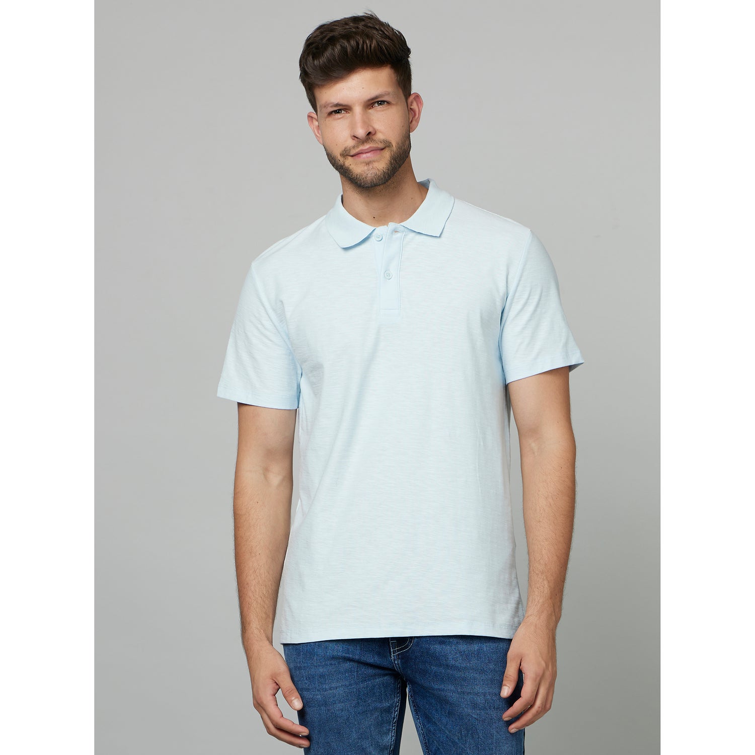 Light Blue Polo Collar Cotton Casual T-Shirt (FEFLAME)
