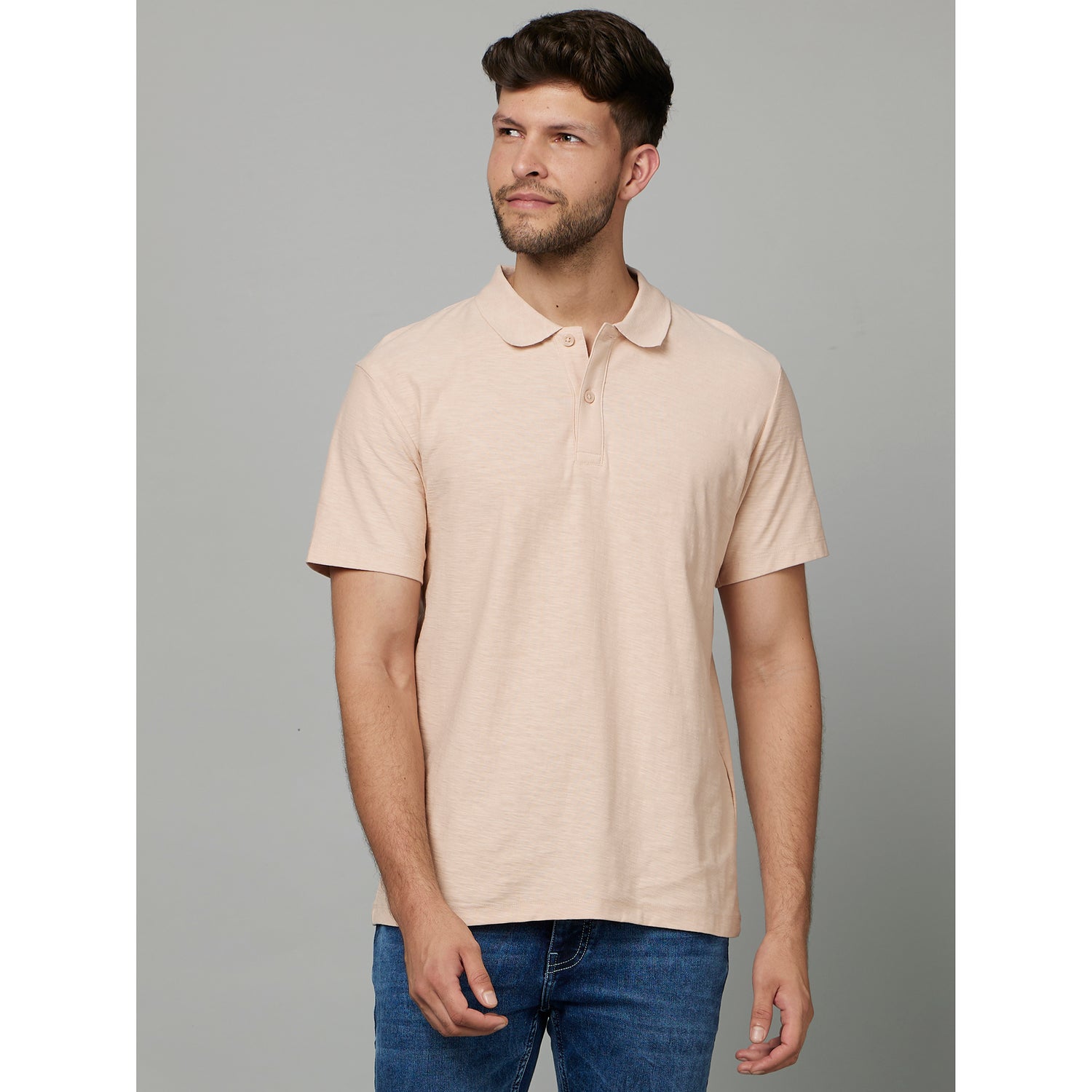 Cream Solid Short Sleeves Fashion Polo T-shirt (FEFLAME)