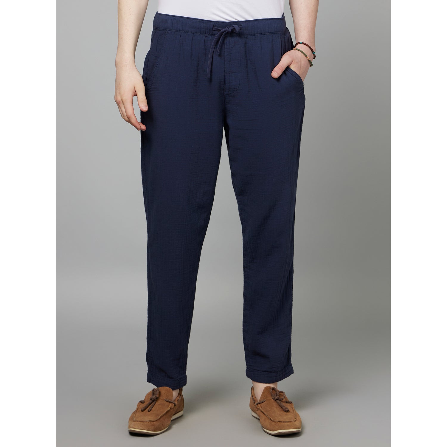 Navy Blue Mid-Rise Classic Slim Fit Plain Cotton Regular Trousers (FOBOGAZE)