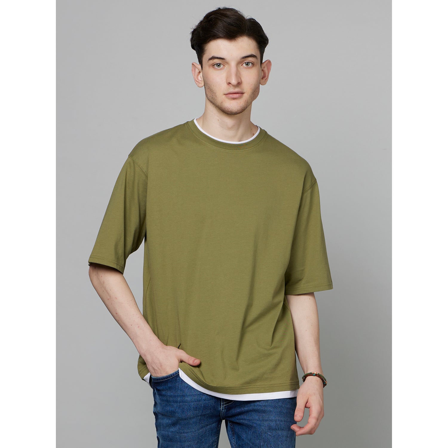 Khaki Drop-Shoulder Cotton T-shirt (FETWIN)
