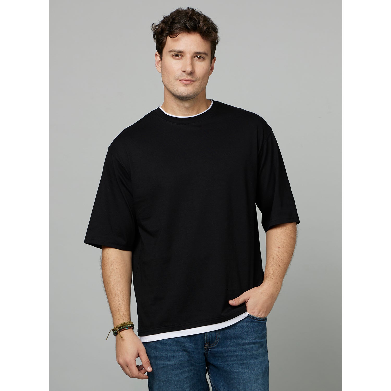 Black Drop-Shoulder Cotton T-shirt (FETWIN)