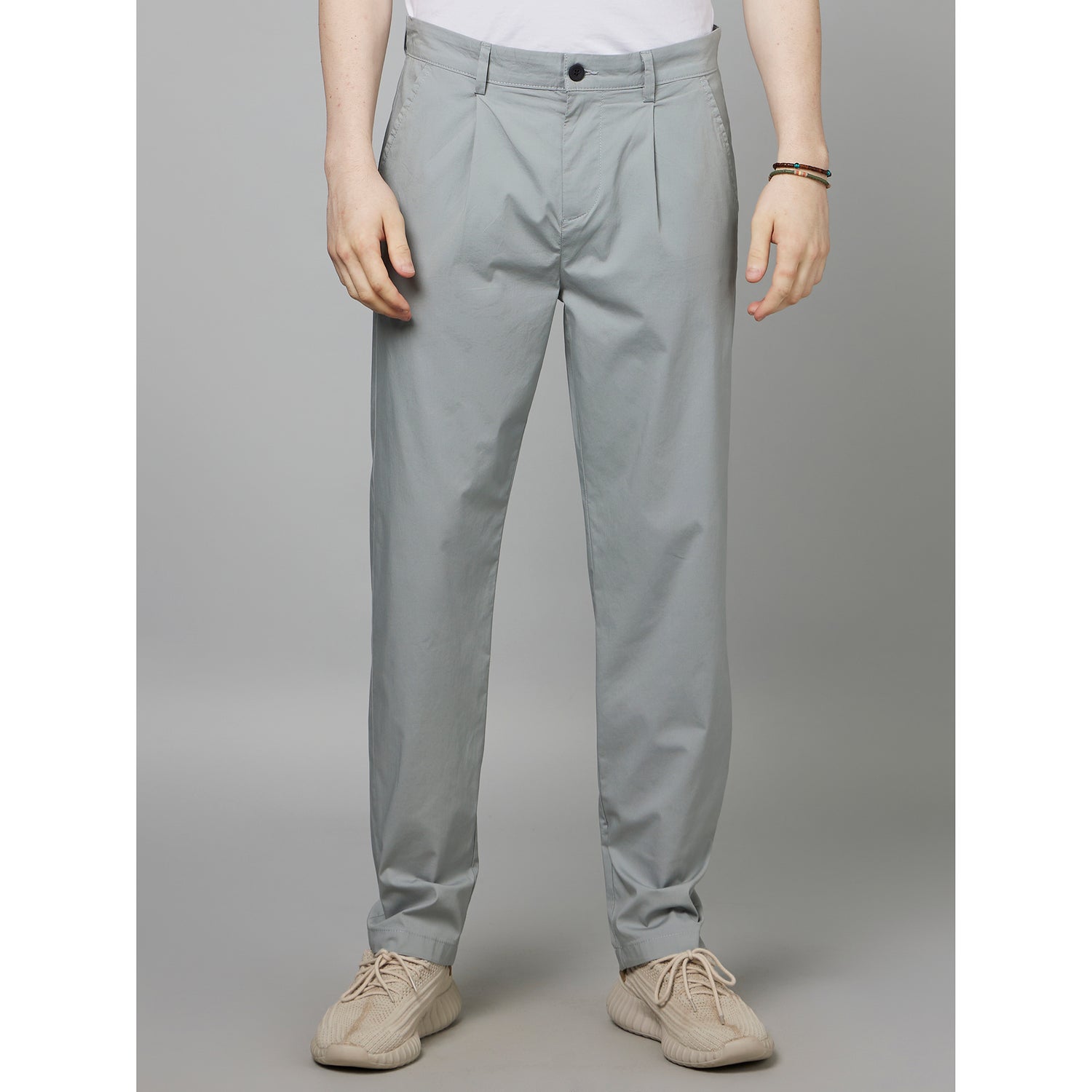 Grey Classic Loose Fit Pleated Cotton Trousers (FOCHI)