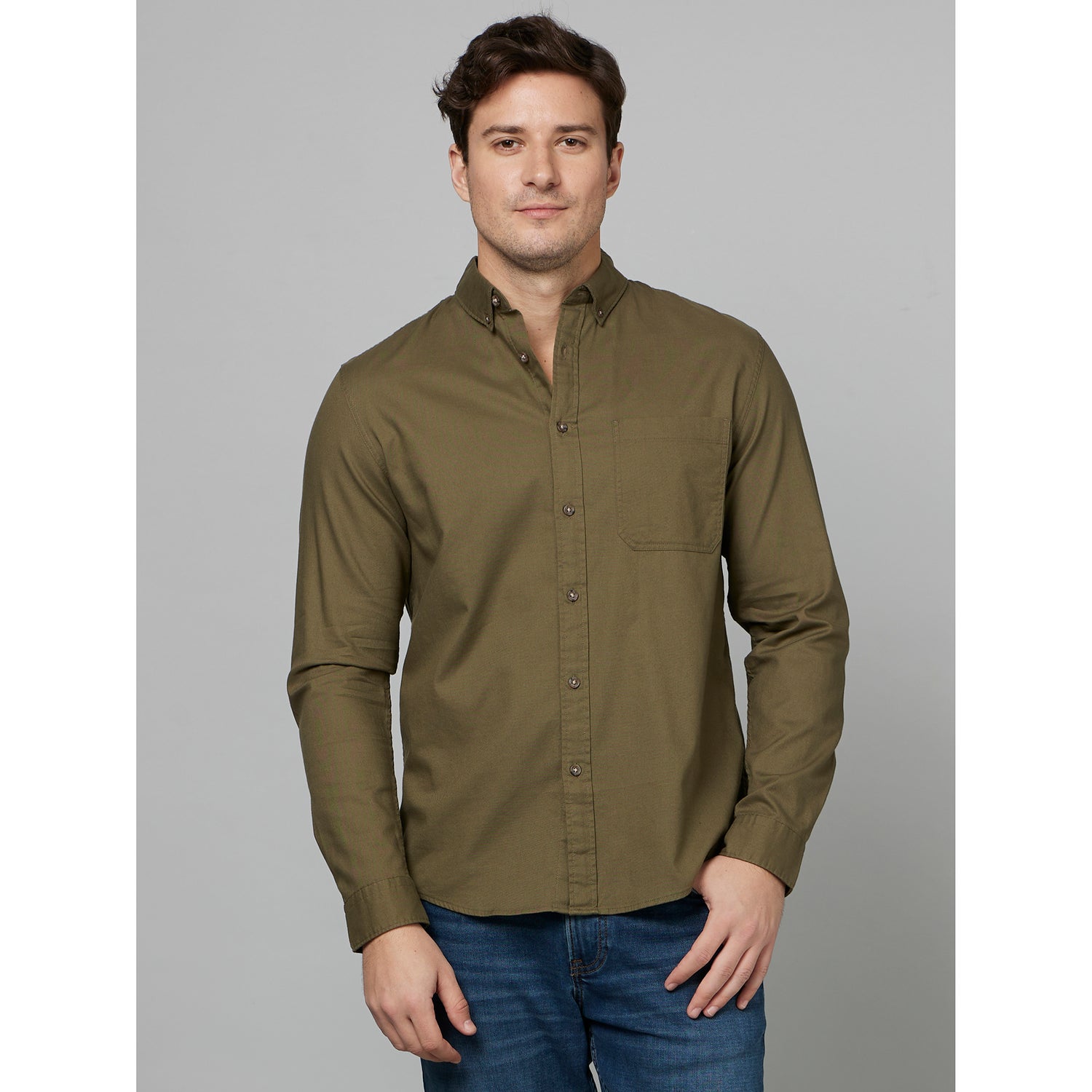 Olive Green Classic Button Down Collar Cotton Casual Shirt (FAROBONE2)