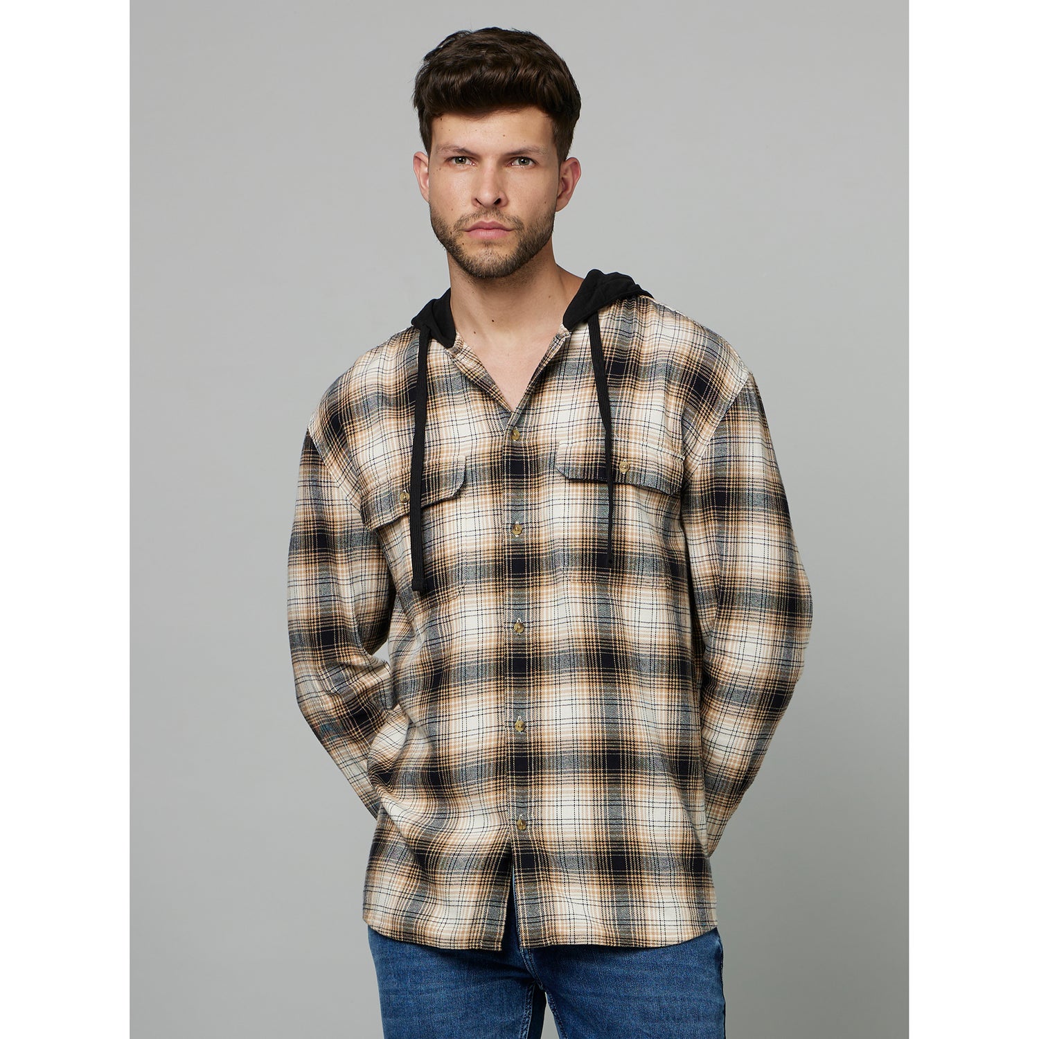 Black Classic Tartan Checked Hooded Cotton Casual Shirt (FAPUCHE)