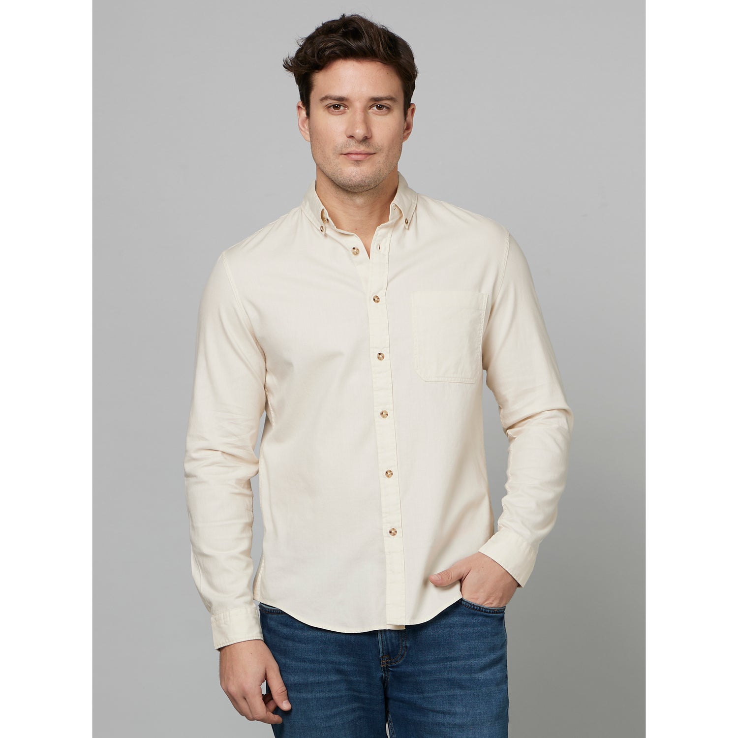 Beige Classic Spread Collar Cotton Casual Shirt (FAROBONE2)