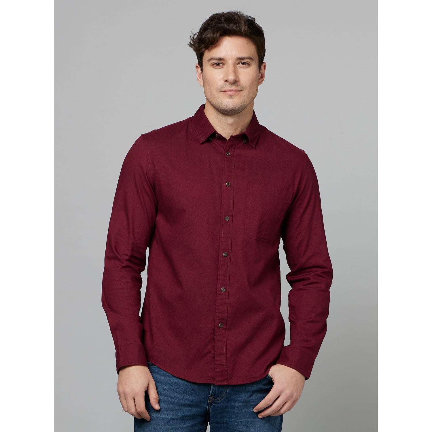 Burgundy Classic Button-Down Collar Cotton Casual Shirt (FAROBONE2)