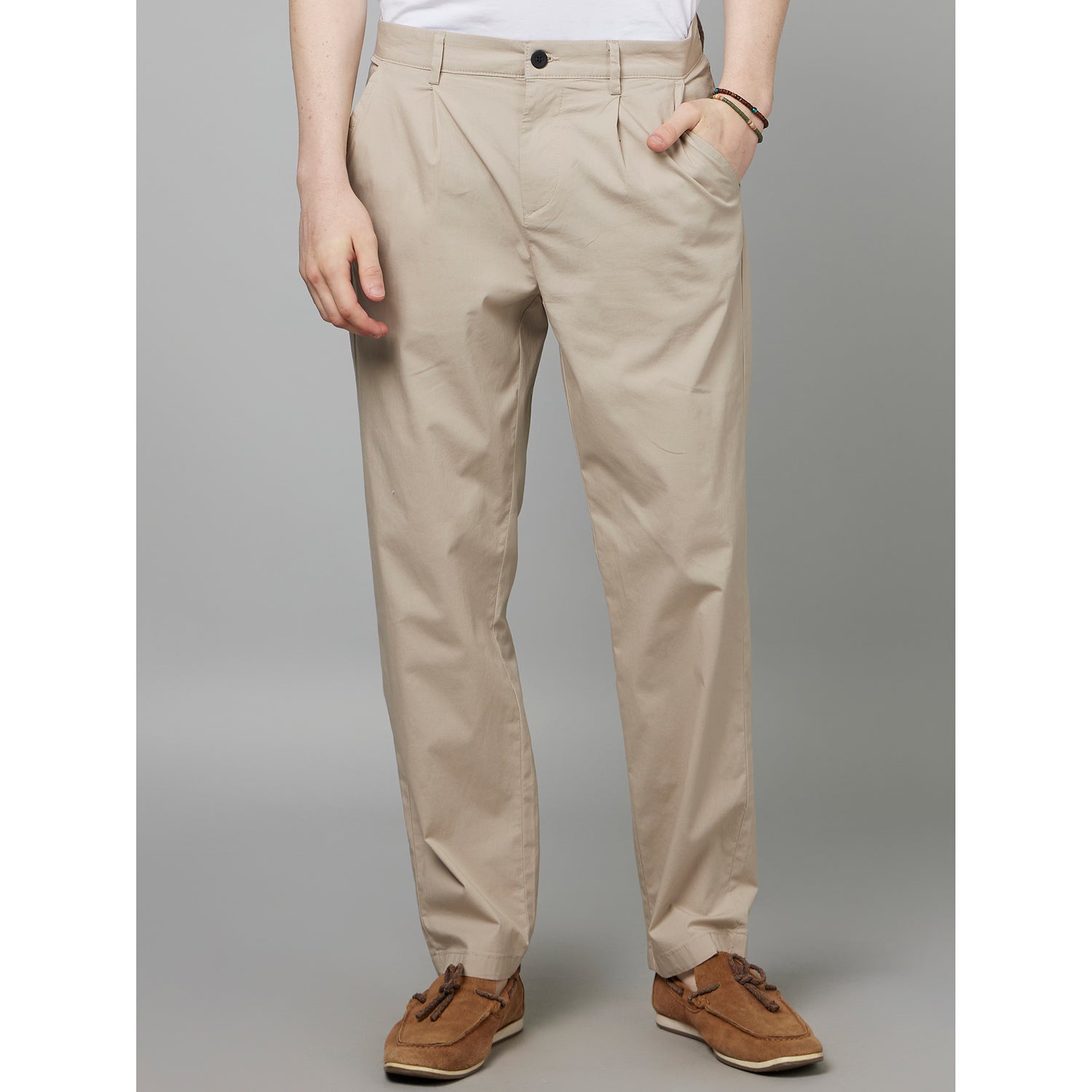 Brown Mid-Rise Classic Loose Fit Plain Cotton Chinos Trousers (FOCHI)