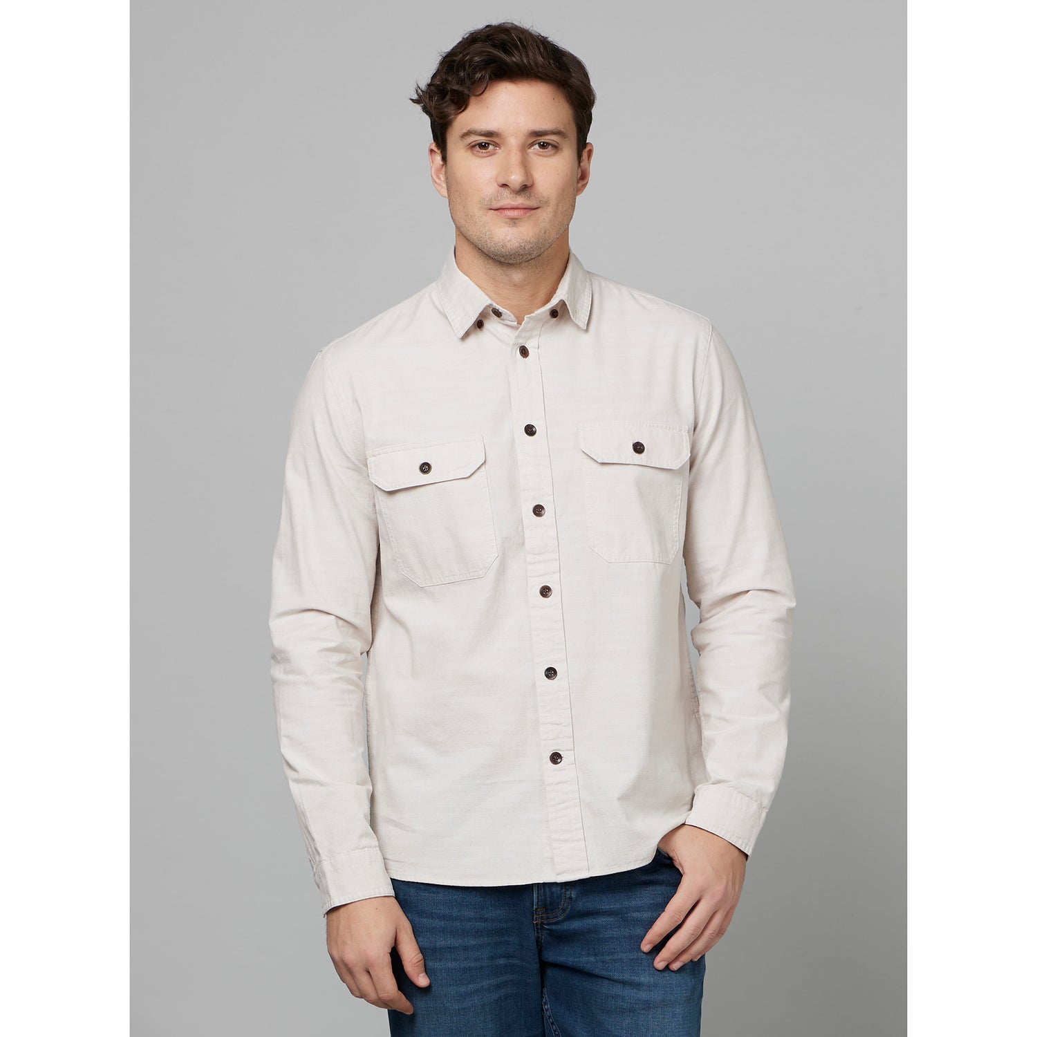 Beige Classic Button-Down Collar Cotton Casual Shirt (FANA)