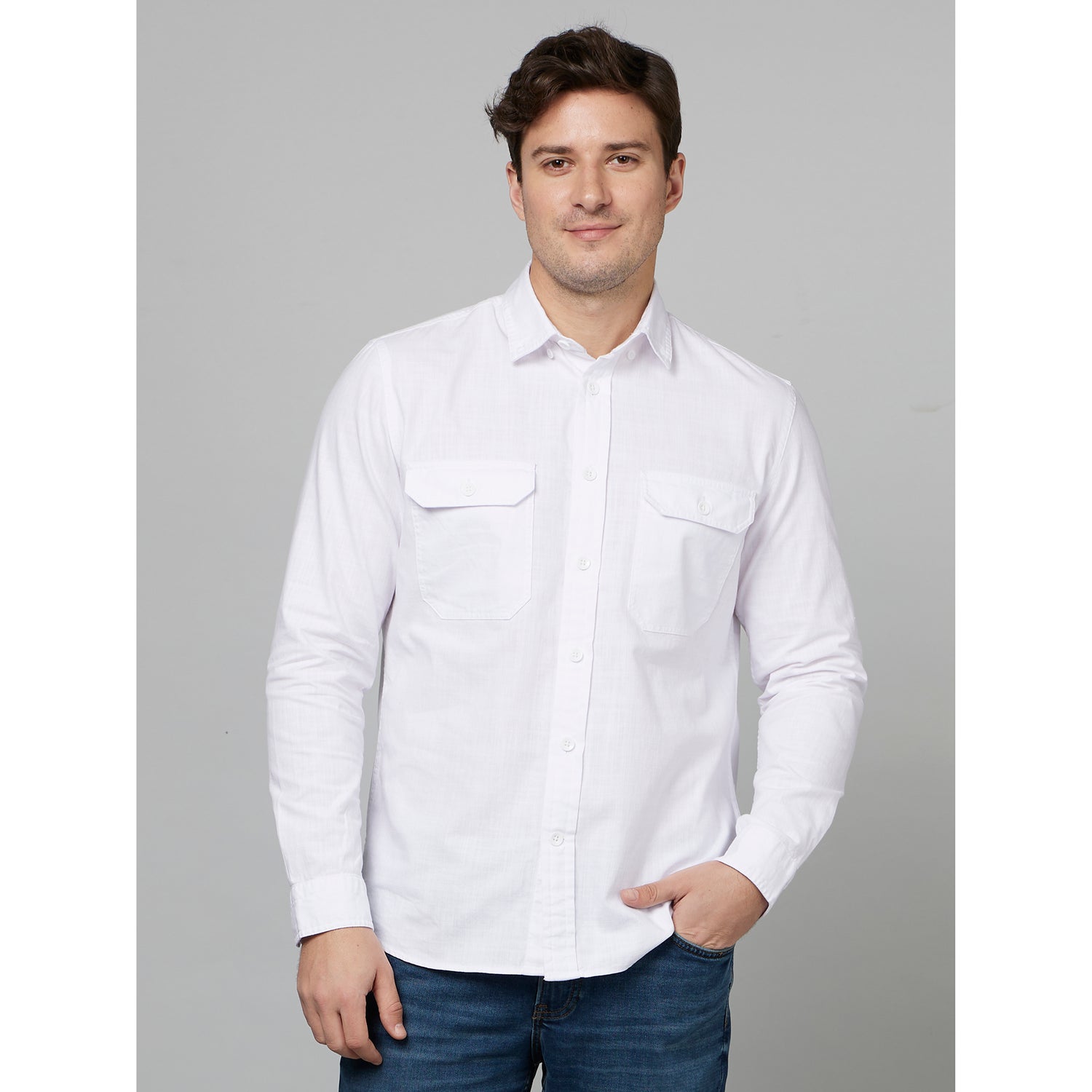 White Classic Opaque Cotton Casual Shirt (FANA)