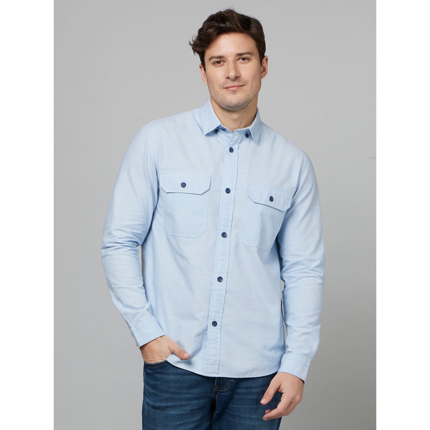Light Blue Classic Button-Down Collar Cotton Casual Shirt (FANA)