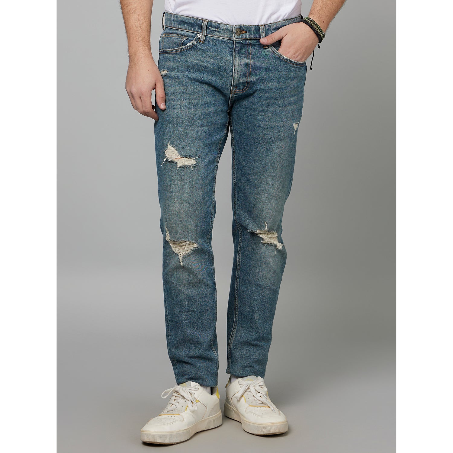 Blue Slim Fit Mildly Distressed Light Fade Whiskers Jeans (FOSTROY)