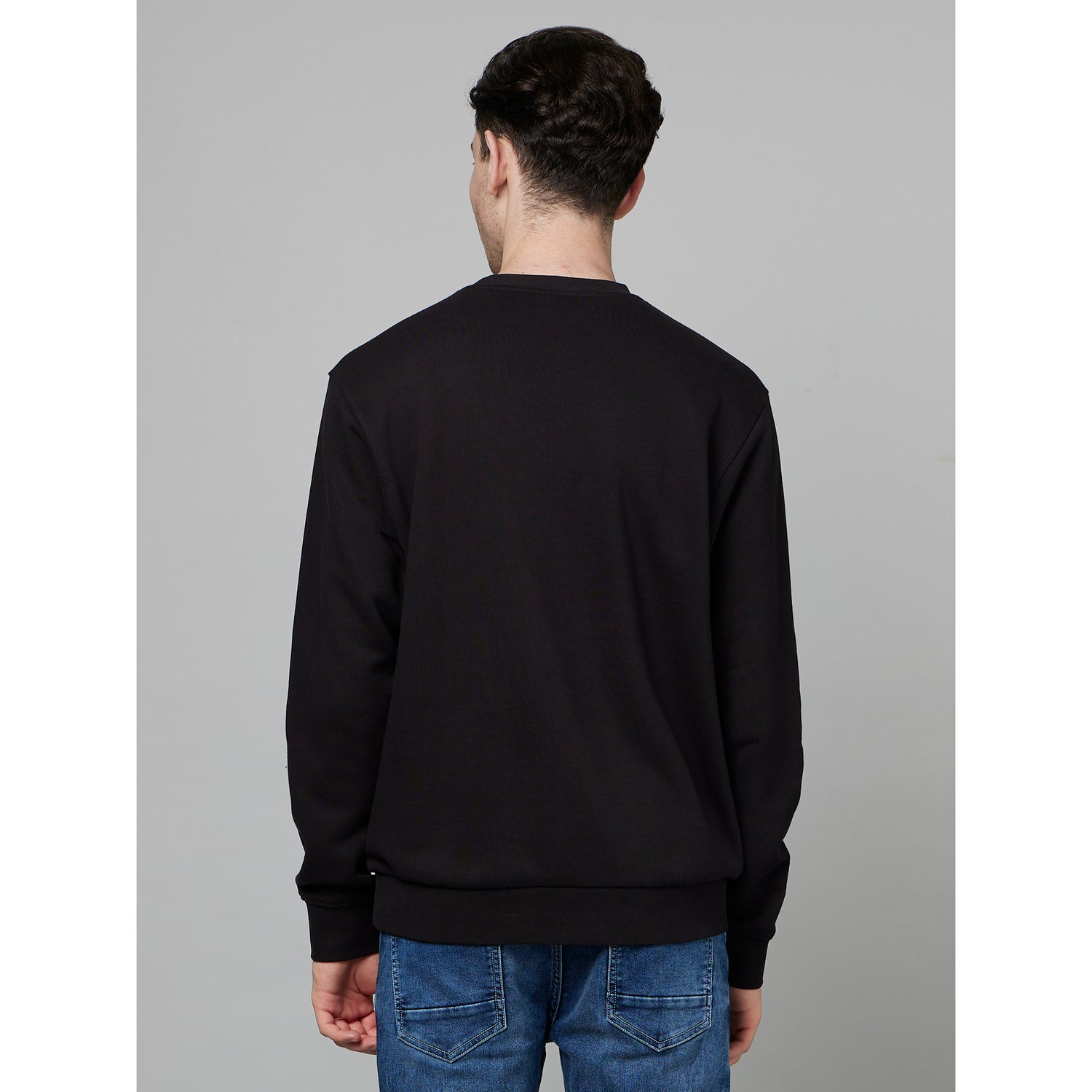 Black Long Sleeves Cotton Pullover Sweater (FESEVEN)
