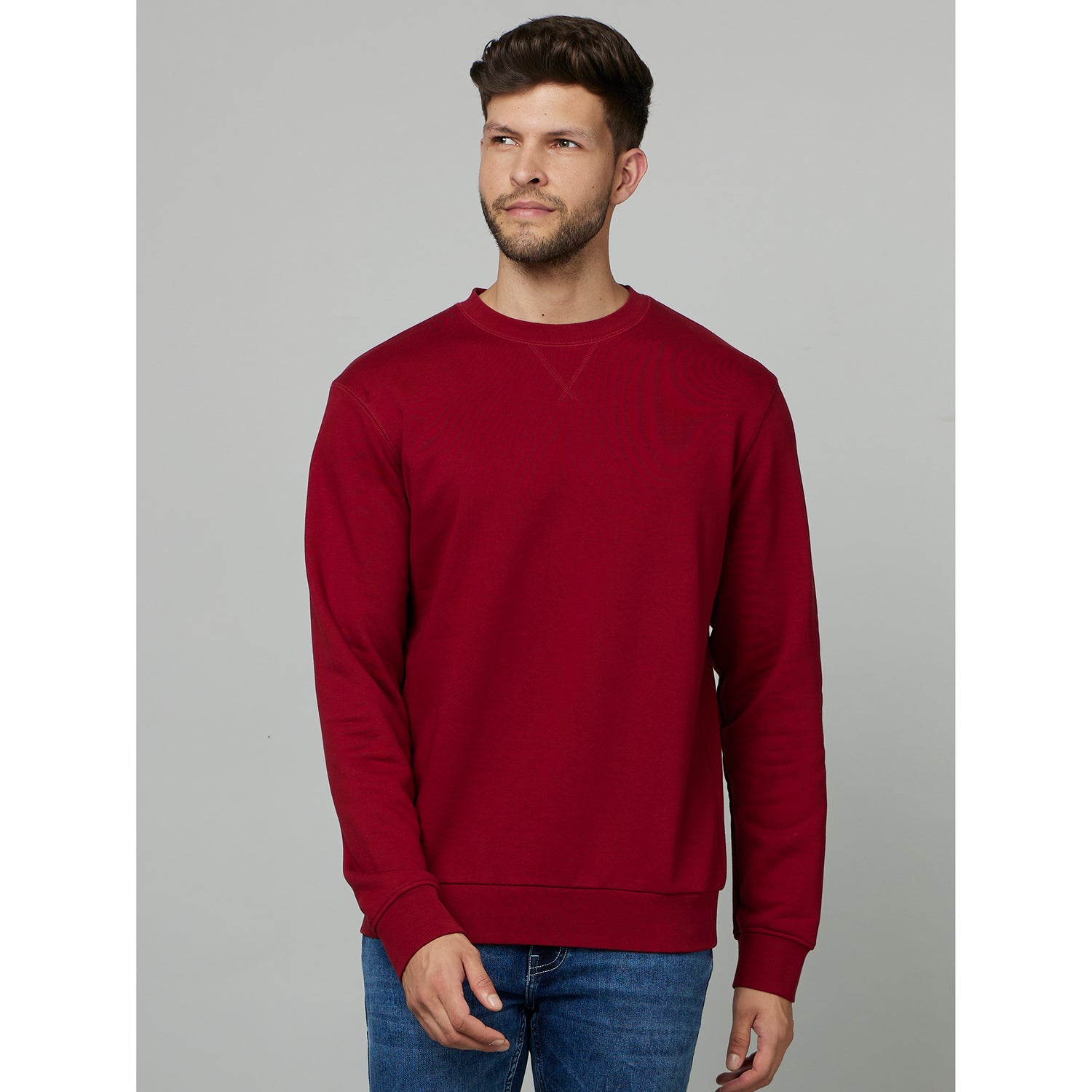 Burgundy Round Neck Full Sleeve Pullover Sweater (FESEVEN)