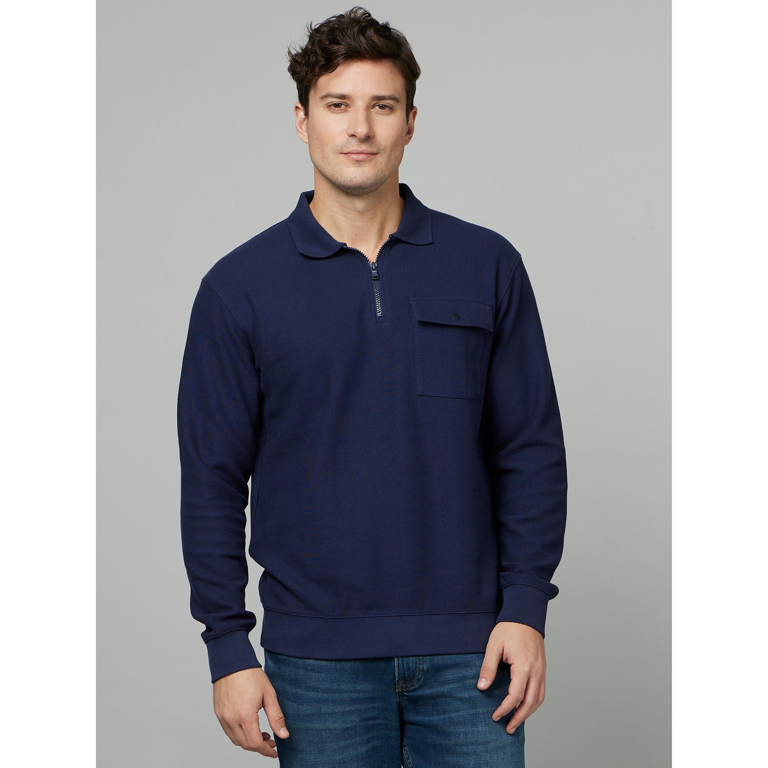Navy Cotton Pullover Sweatshirt (FEHALFY)