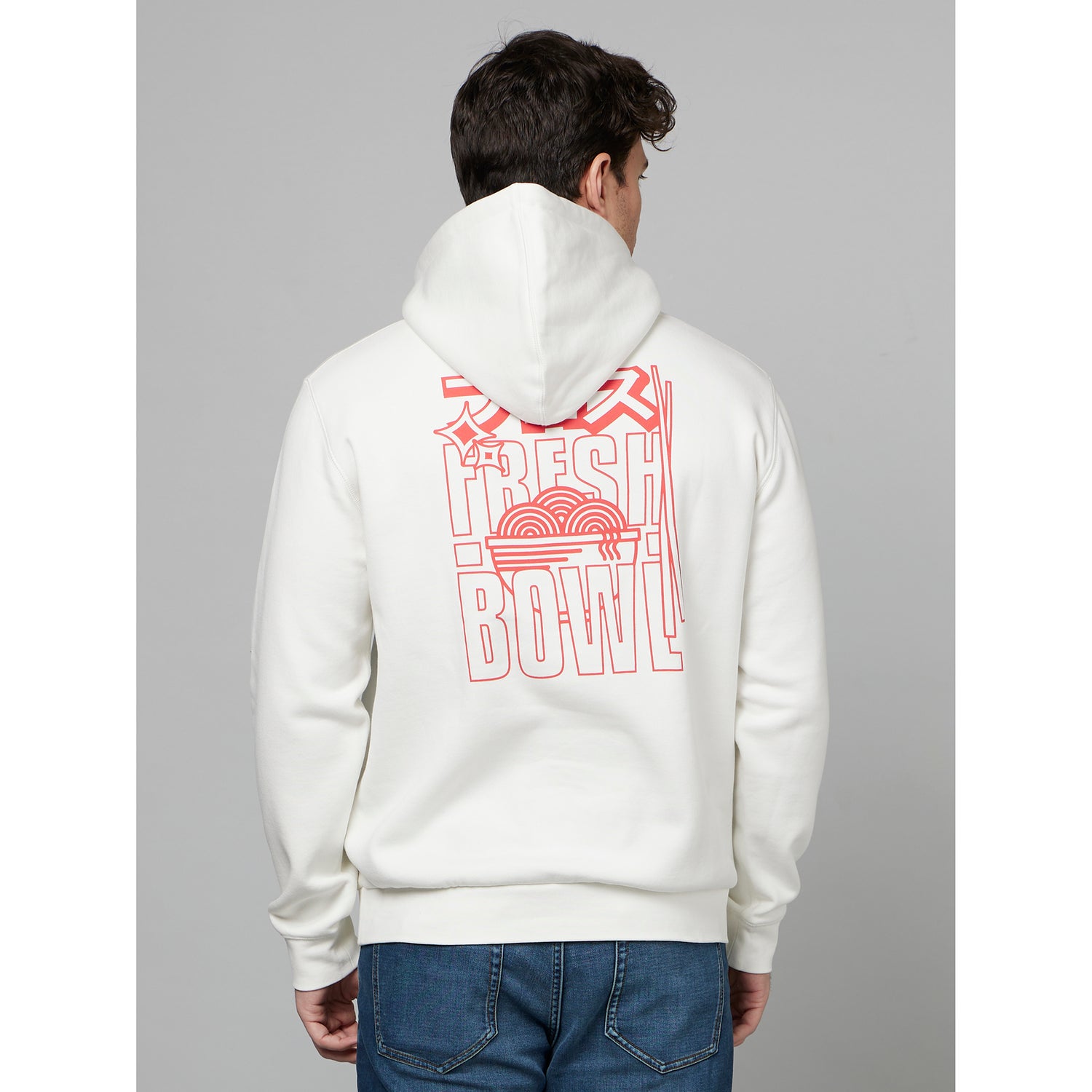 White Typography Printed Hooded Cotton Pullover Sweatshirt (FEJABOWL)