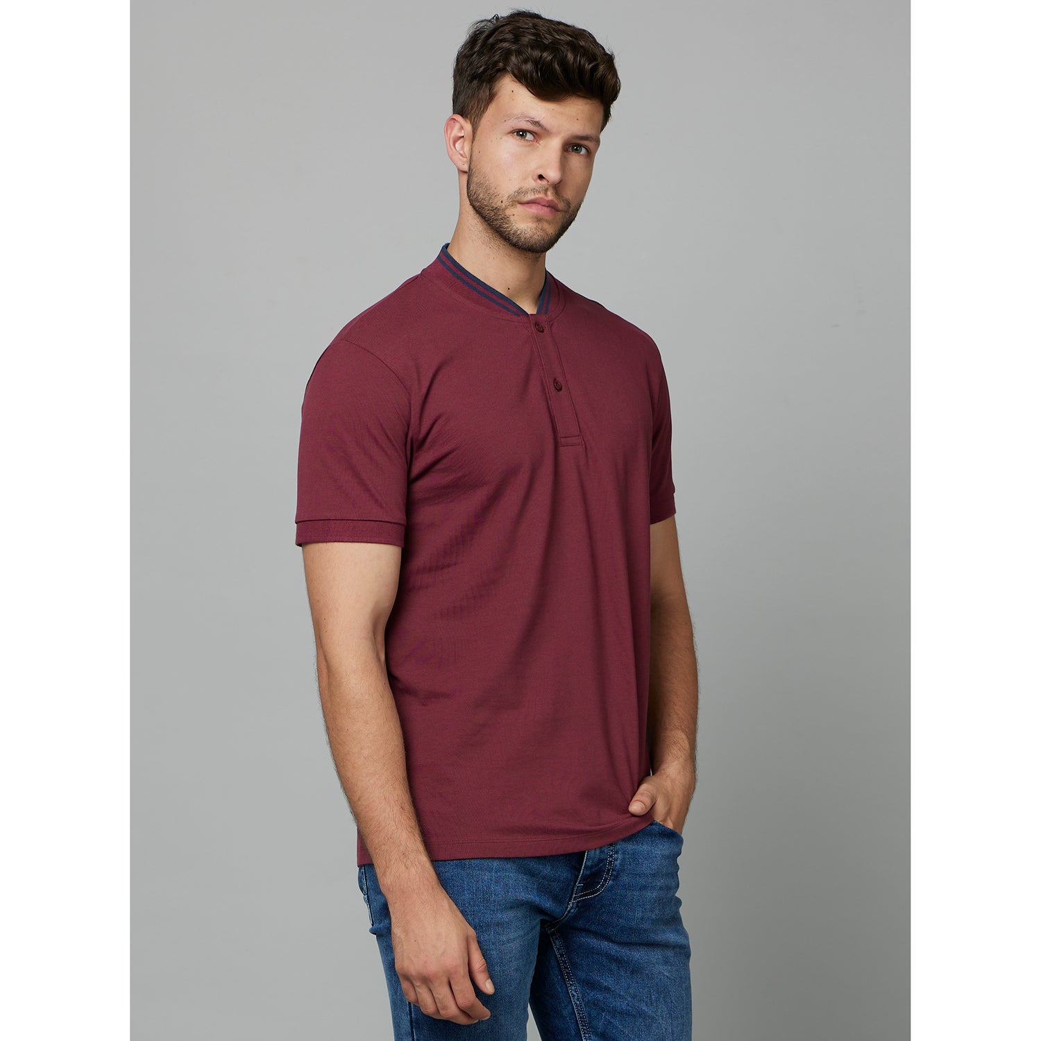 Burgundy Henley Collar Cotton T-shirt (FELIME)