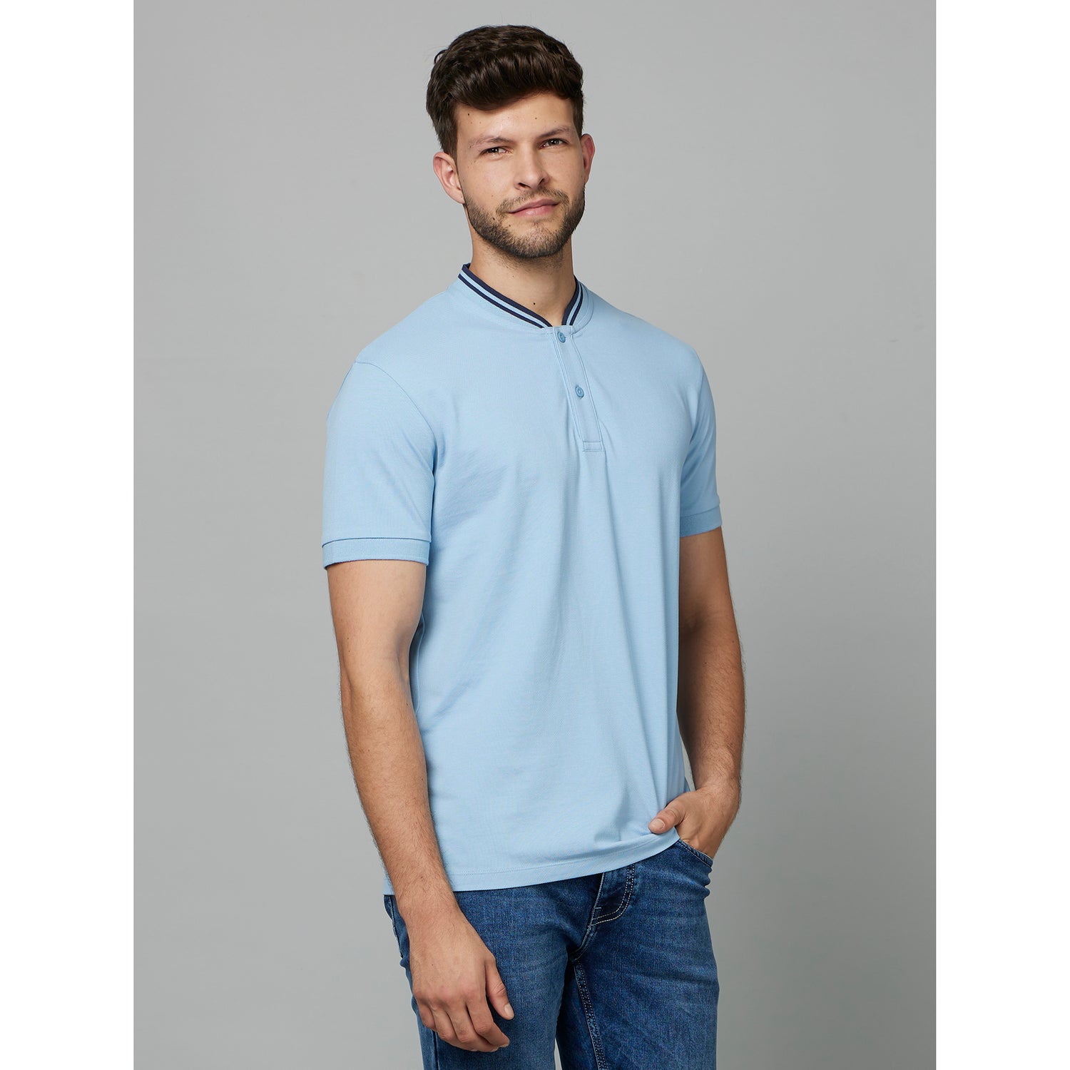 Blue Sky Henley Neck Cotton T-shirt (FELIME)