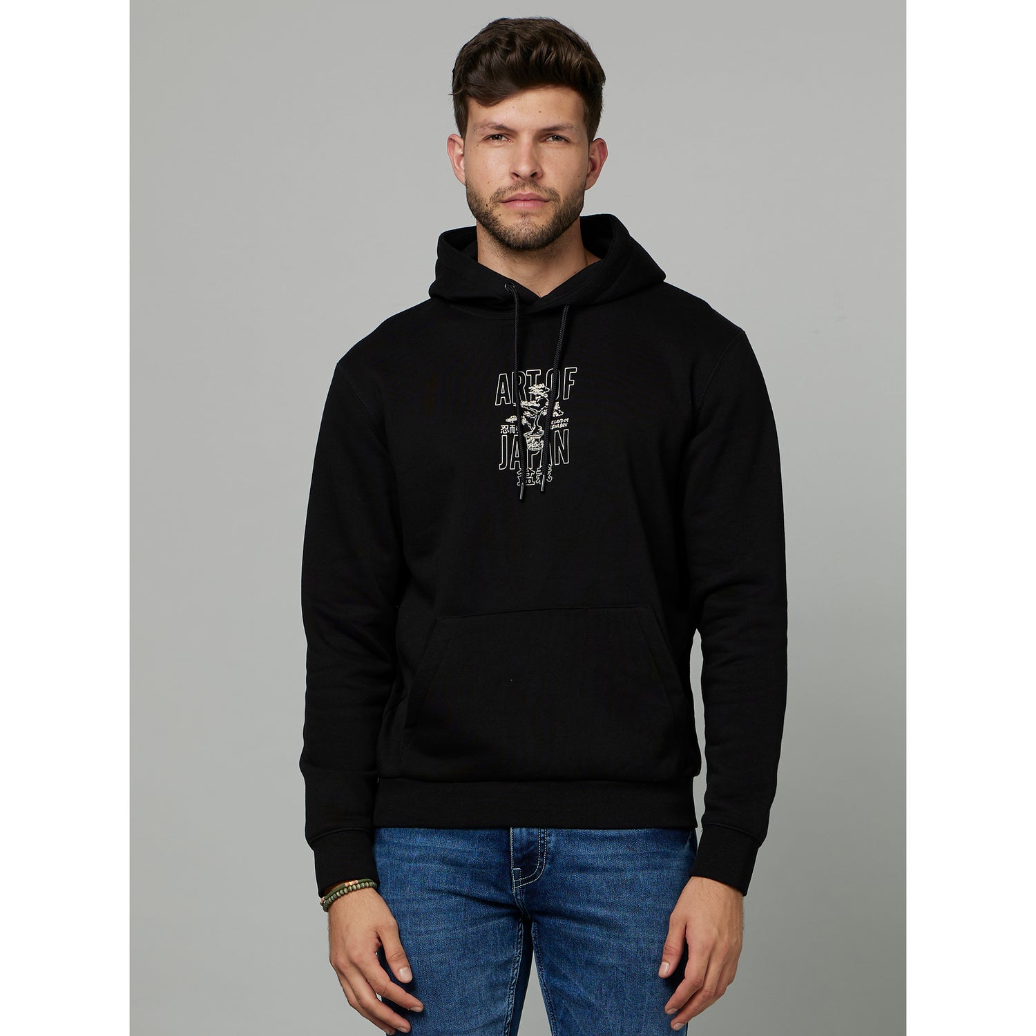 Black Graphic Printed Hooded Cotton Pullover Sweatshirt (FEJABOWL)