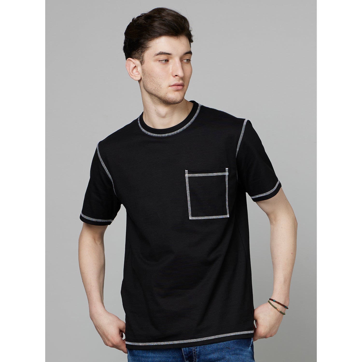 Black Round Neck Cotton T-shirt (FECONTRAST)