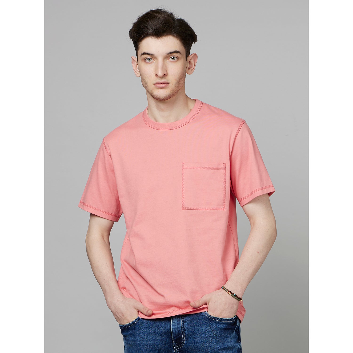 Pink Round Neck Cotton Casual T-Shirt (FECONTRAST)
