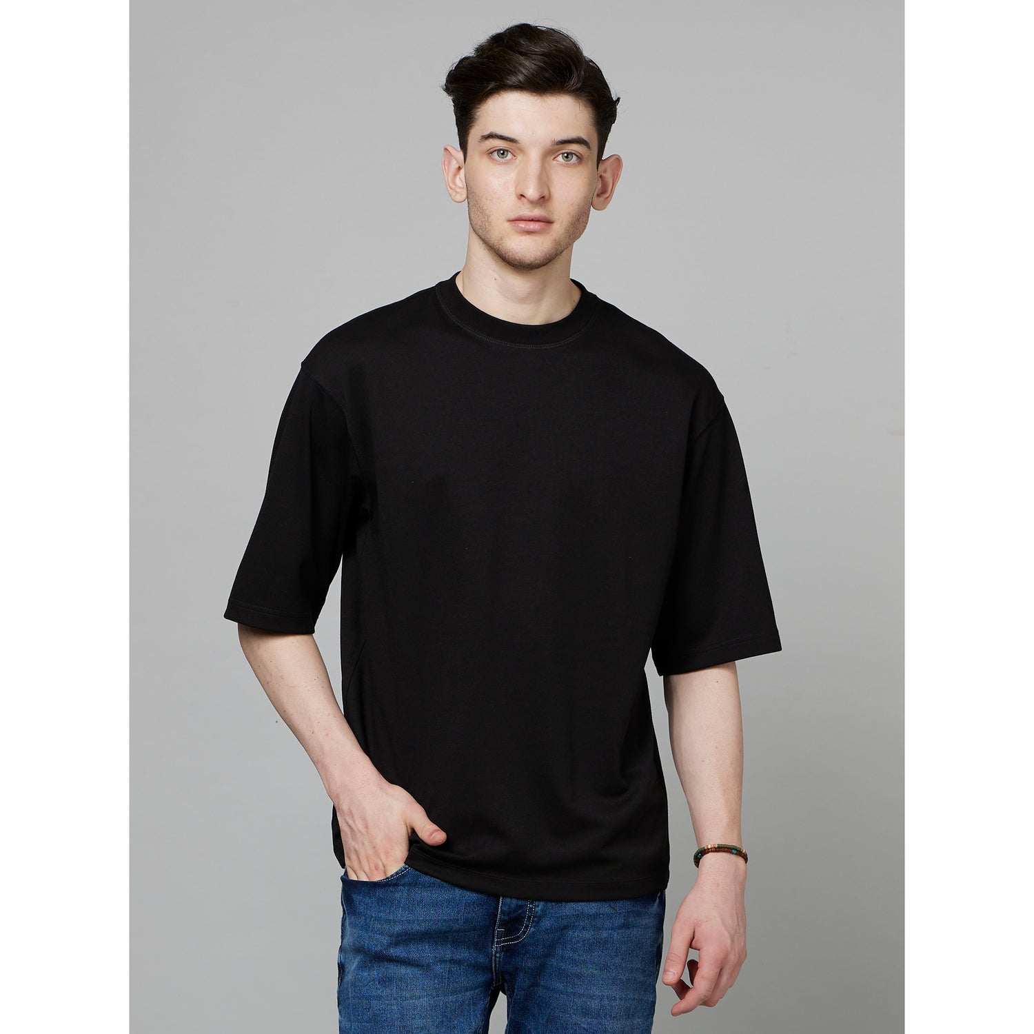 Black Round Neck Short Sleeves Cotton Casual T-Shirt (FEHEM)