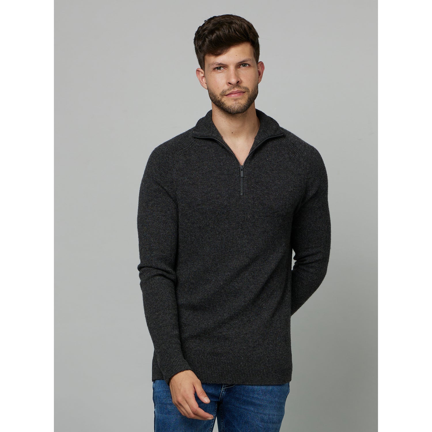 Charcoal Mock Colar Cotton Pullover Sweater (CEWOOLCAM)