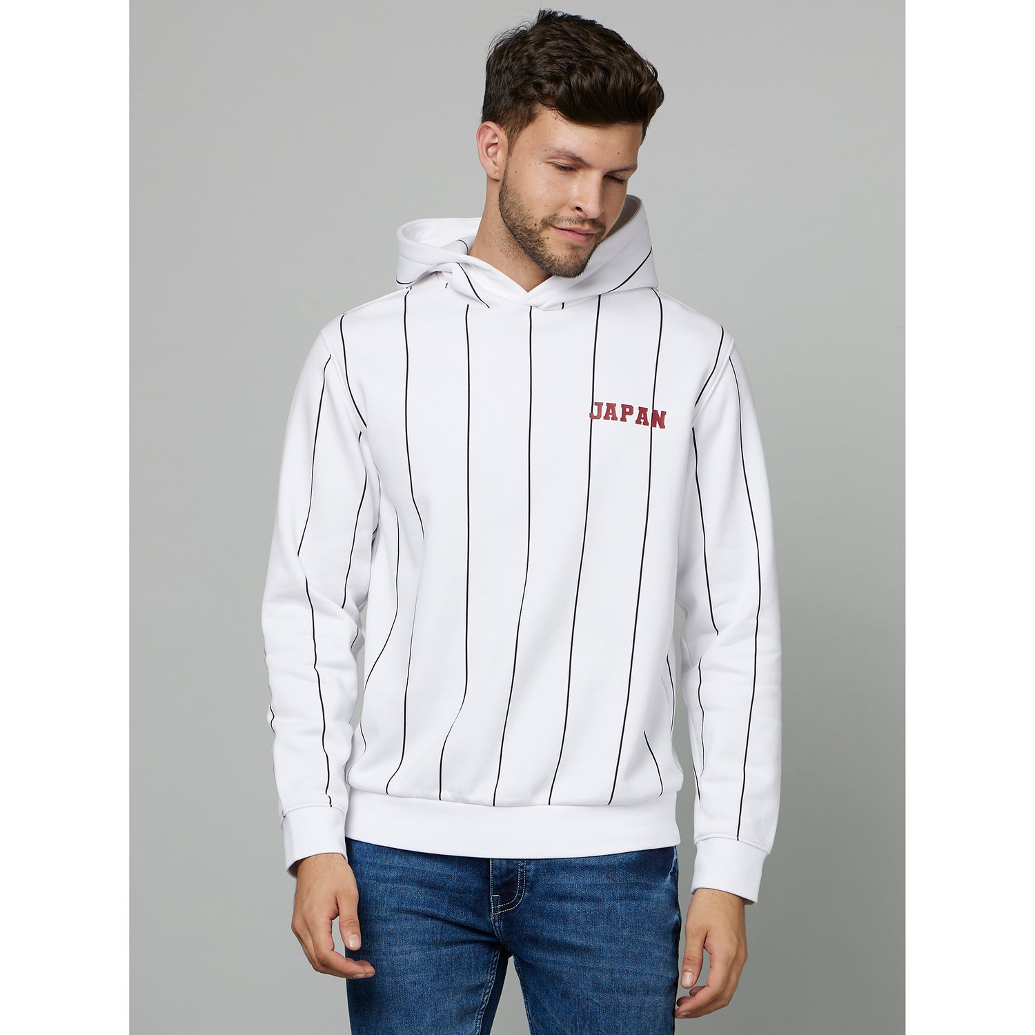 White Striped Hooded Cotton Pullover Sweatshirt (FEBASEJAP)