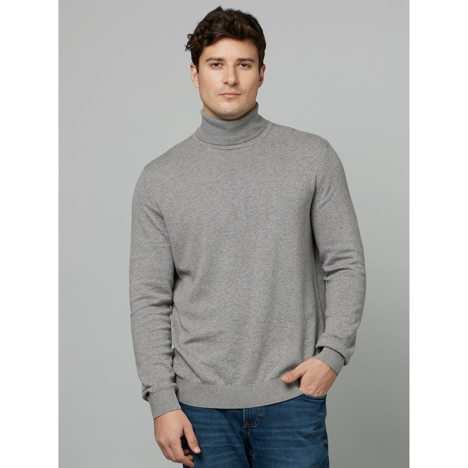 Grey Turtle Neck Full Sleeve Knitted Pullover Sweater (FEROLL)