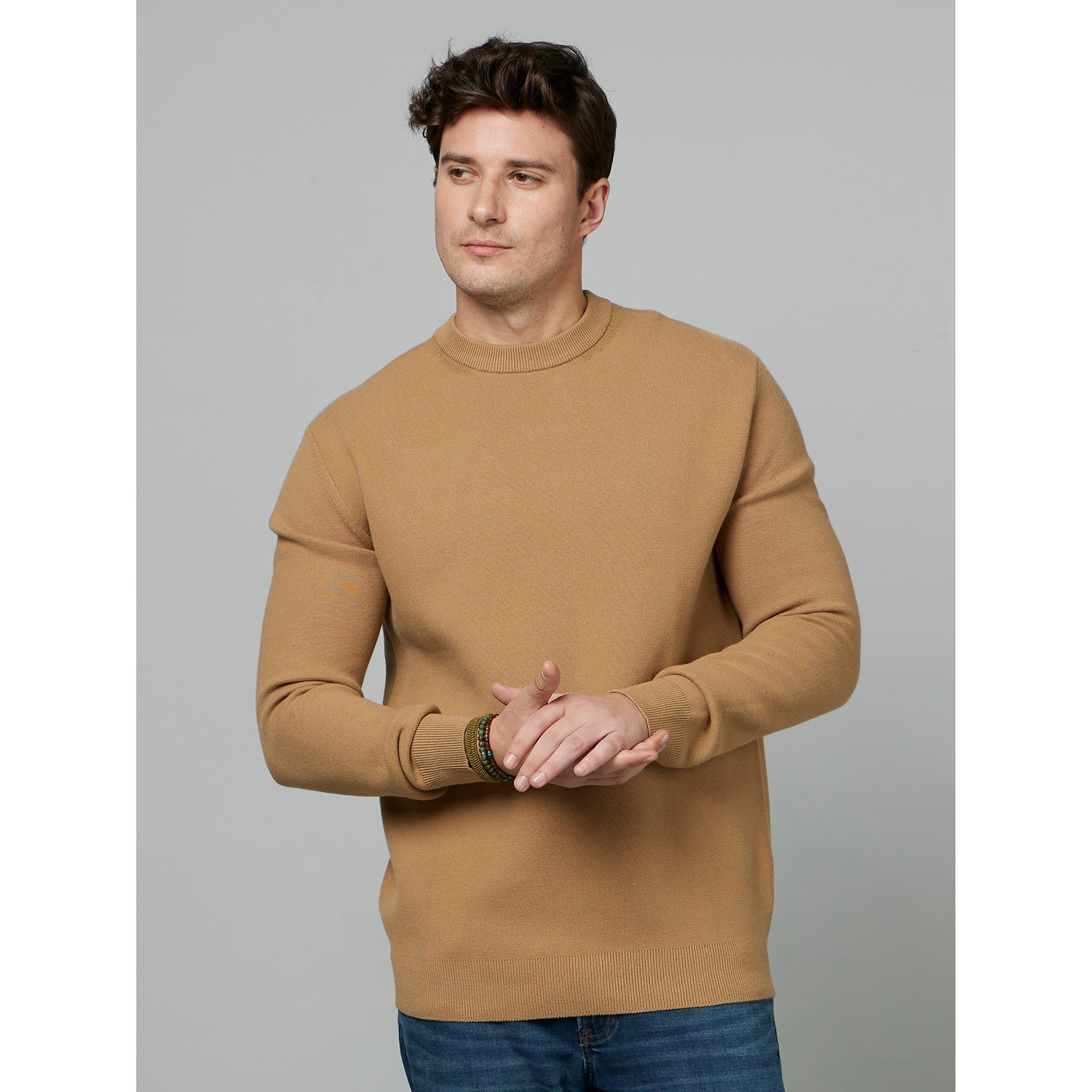 Light Brown Round Neck Full Sleeves Cotton Pullover Sweater (BECLO)