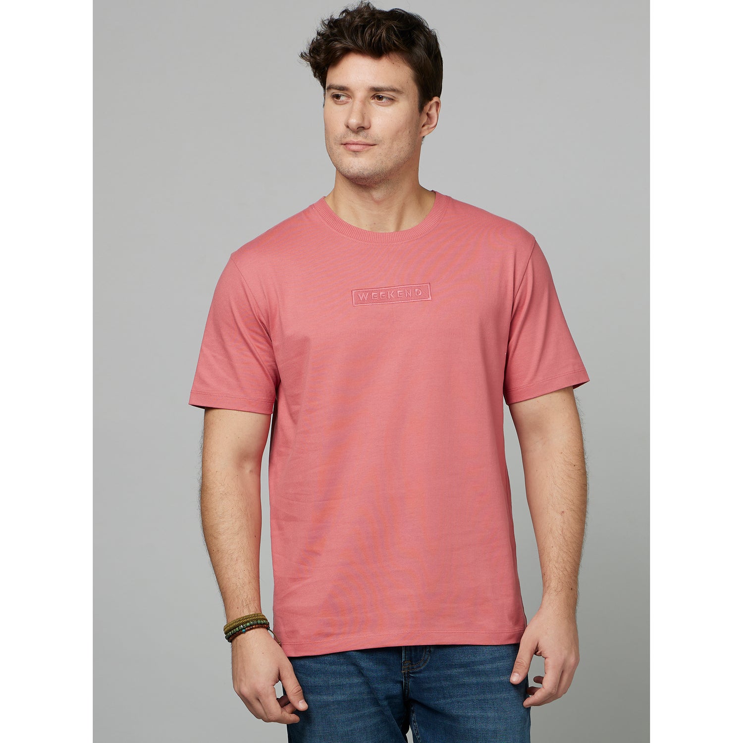 Mauve Round Neck Cotton Casual T-Shirt (FEDETON)