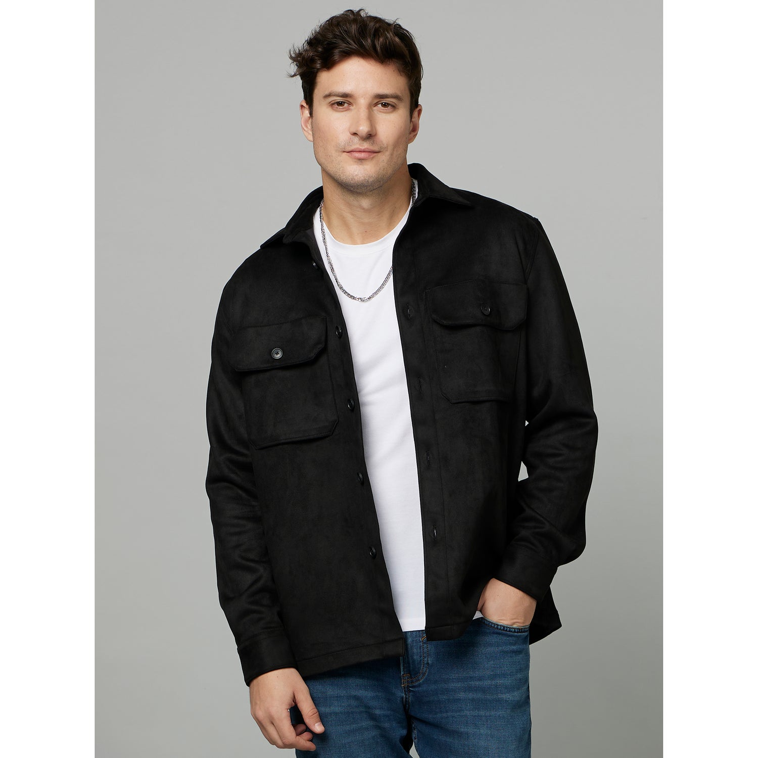 Black Classic Opaque Casual Shacket (FASUEDE)