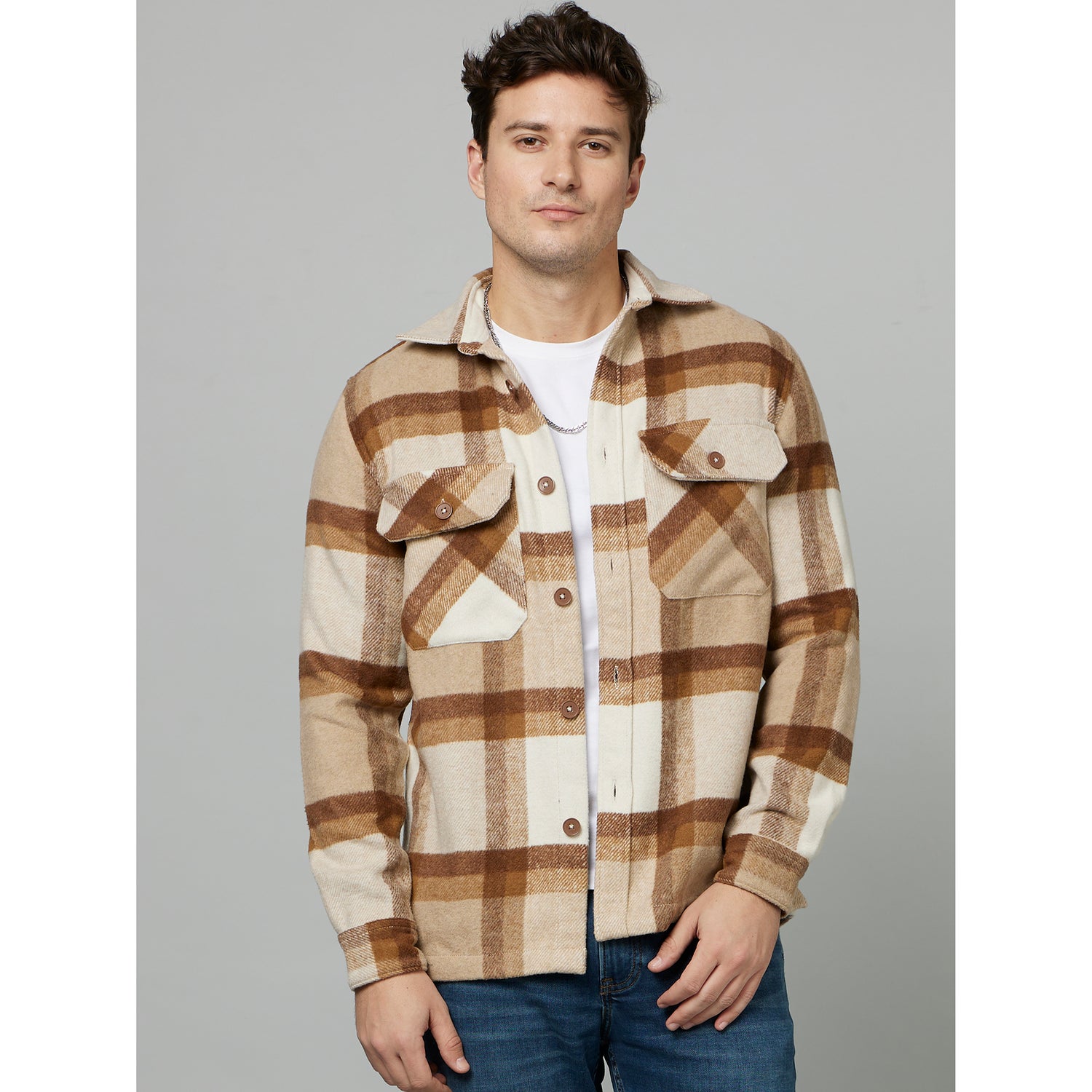 Beige Classic Tartan Checked Opaque Shacket (FASURCHECK)