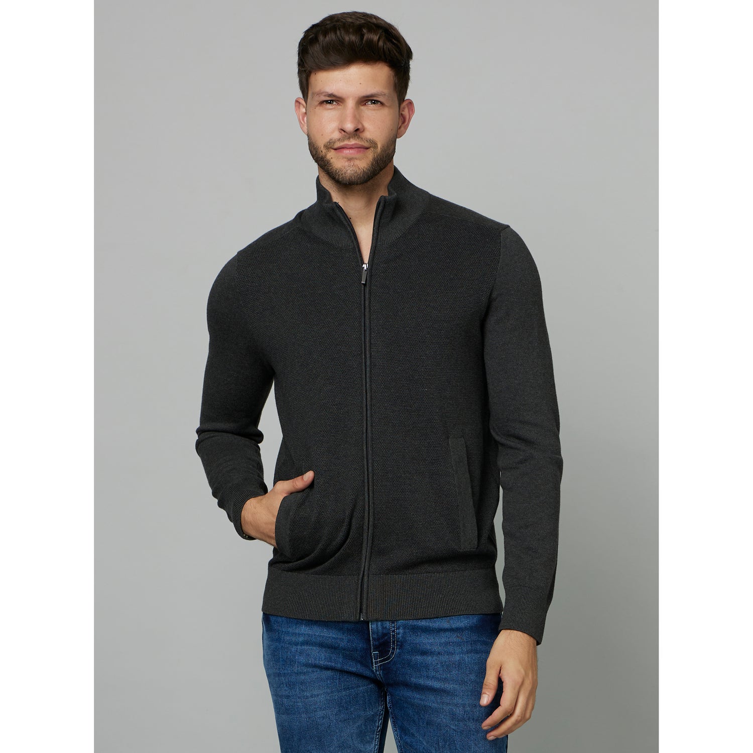 Charcoal Mock Collar Cotton Sporty Jacket (FEGILLOUIN)