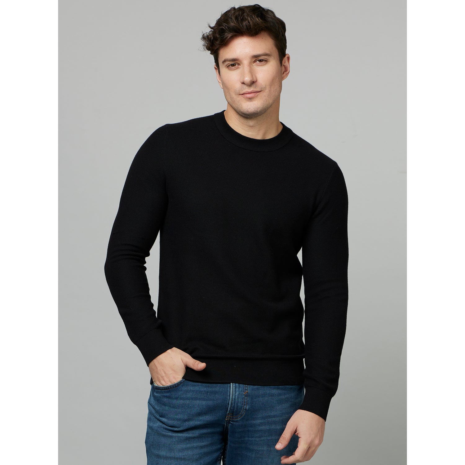 Black Round Neck Long Sleeve Cotton Pullover Sweater (BEPICIN)