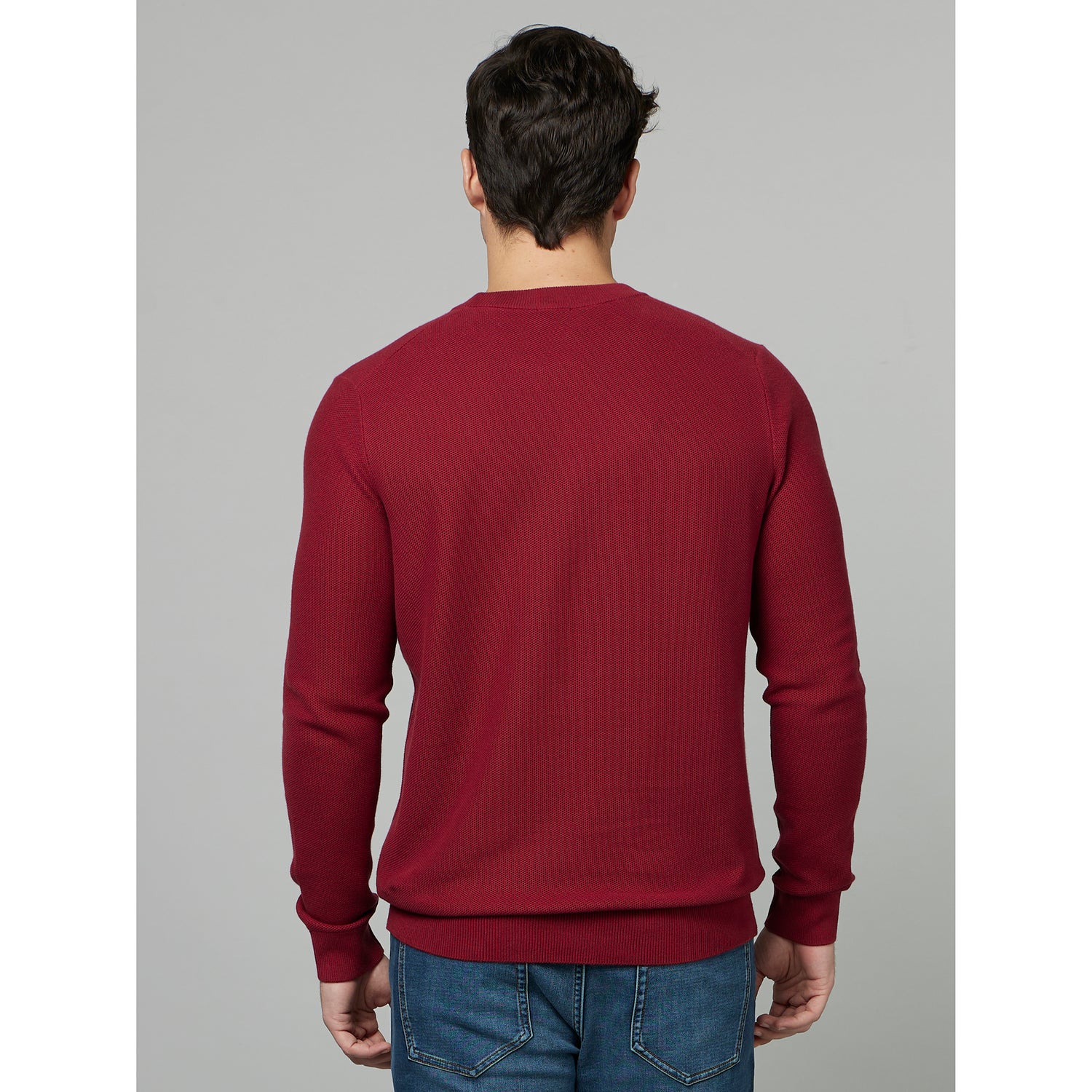 Burgundy Round Neck Long Sleeve Cotton Pullover Sweater (BEPICIN)