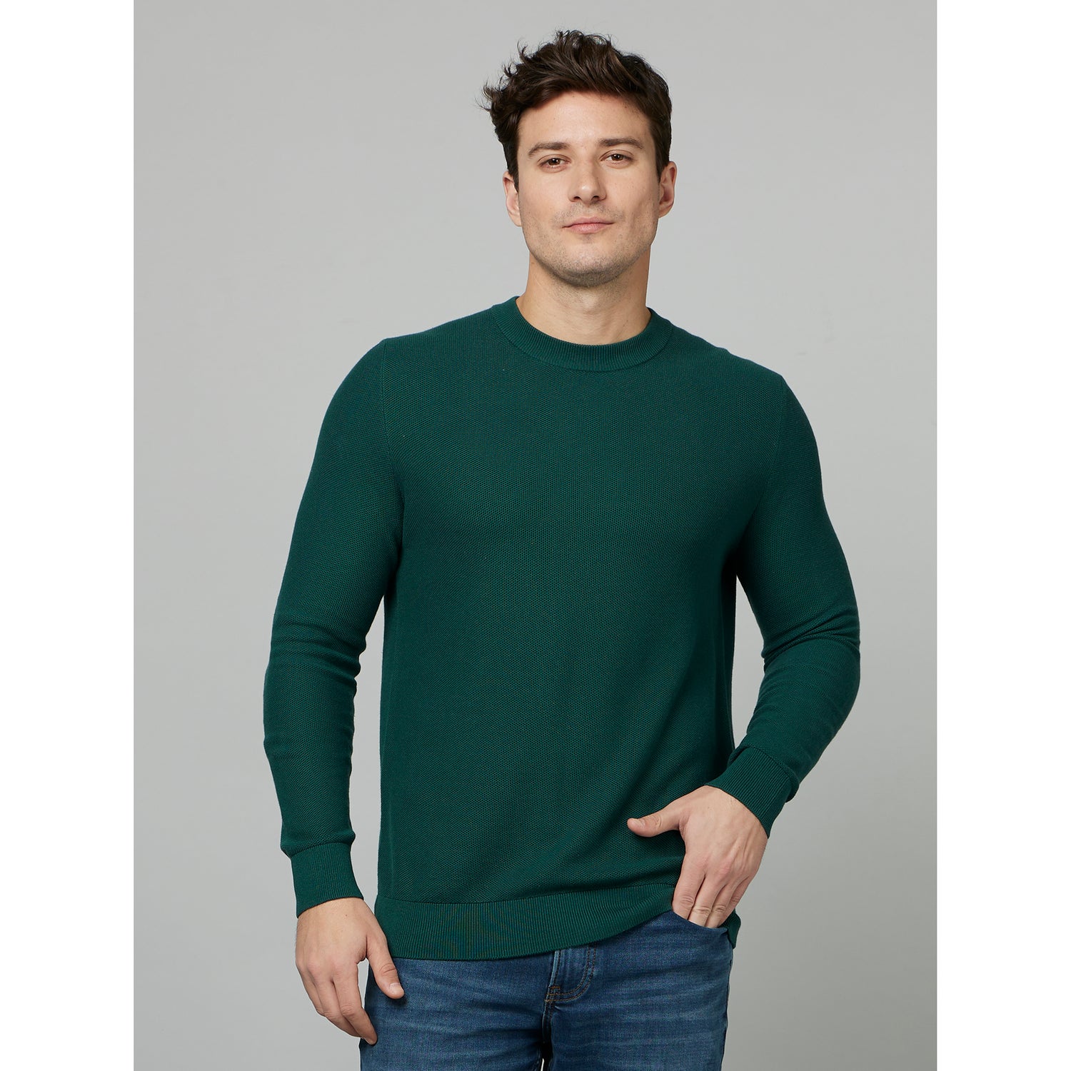 Dark Green Round Neck Long Sleeve Cotton Pullover Sweater (BEPICIN)