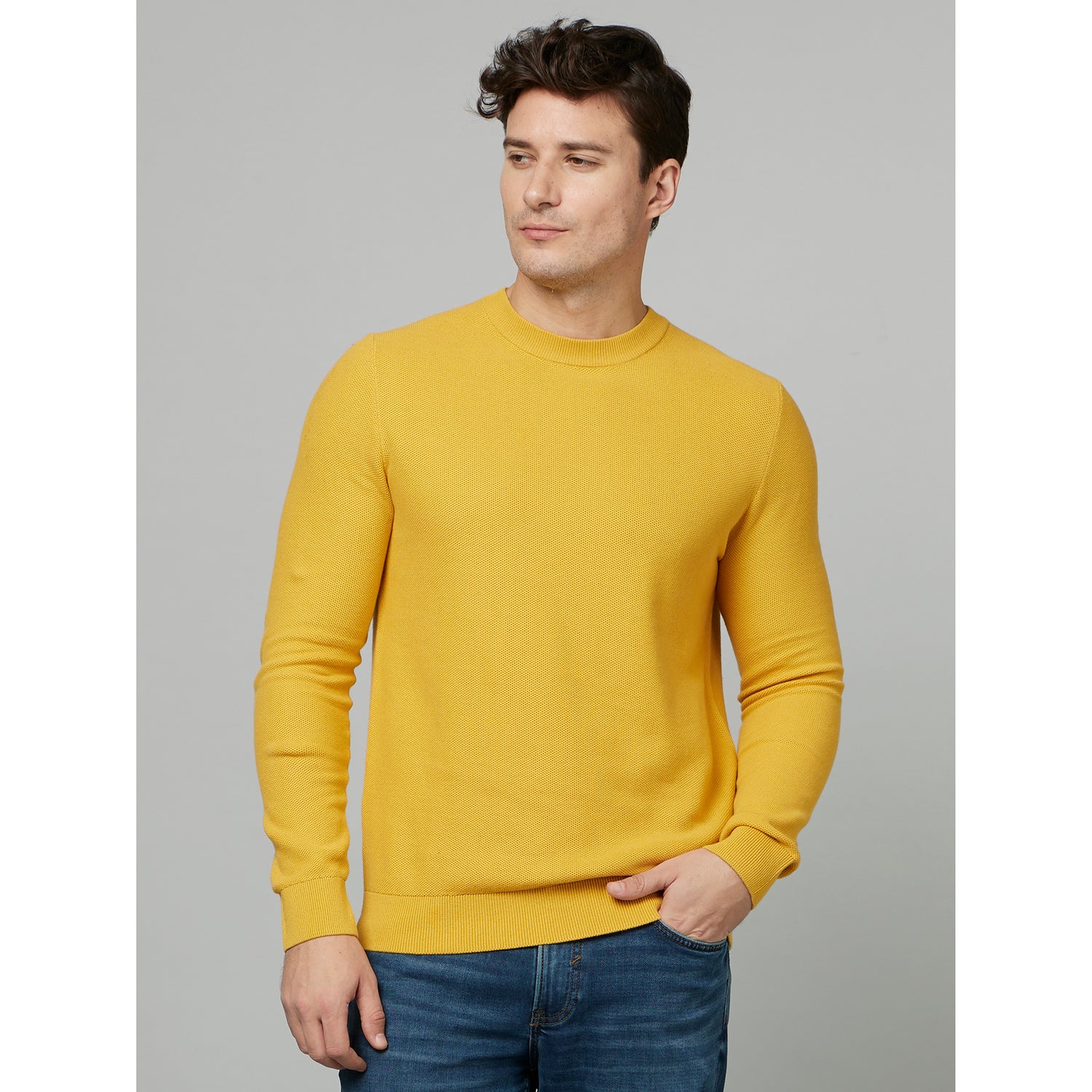 Yellow Round Neck Long Sleeve Cotton Pullover Sweater (BEPICIN)