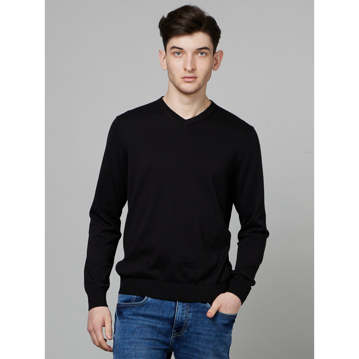 Black V-Neck Long Sleeves Cotton Sweatshirt (DECOTONVIN)